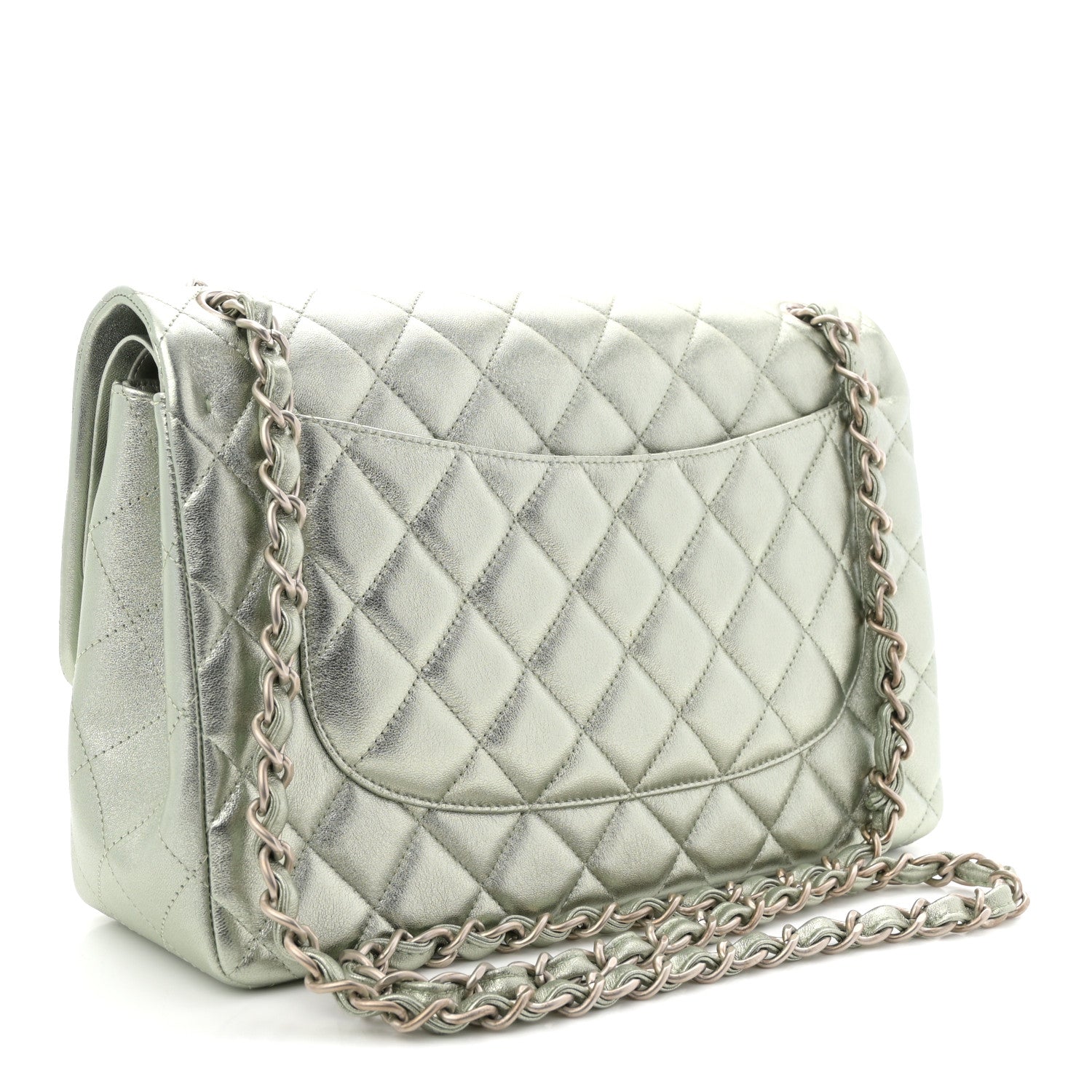 Metallic Lambskin Quilted Jumbo Double Flap Green — view 3