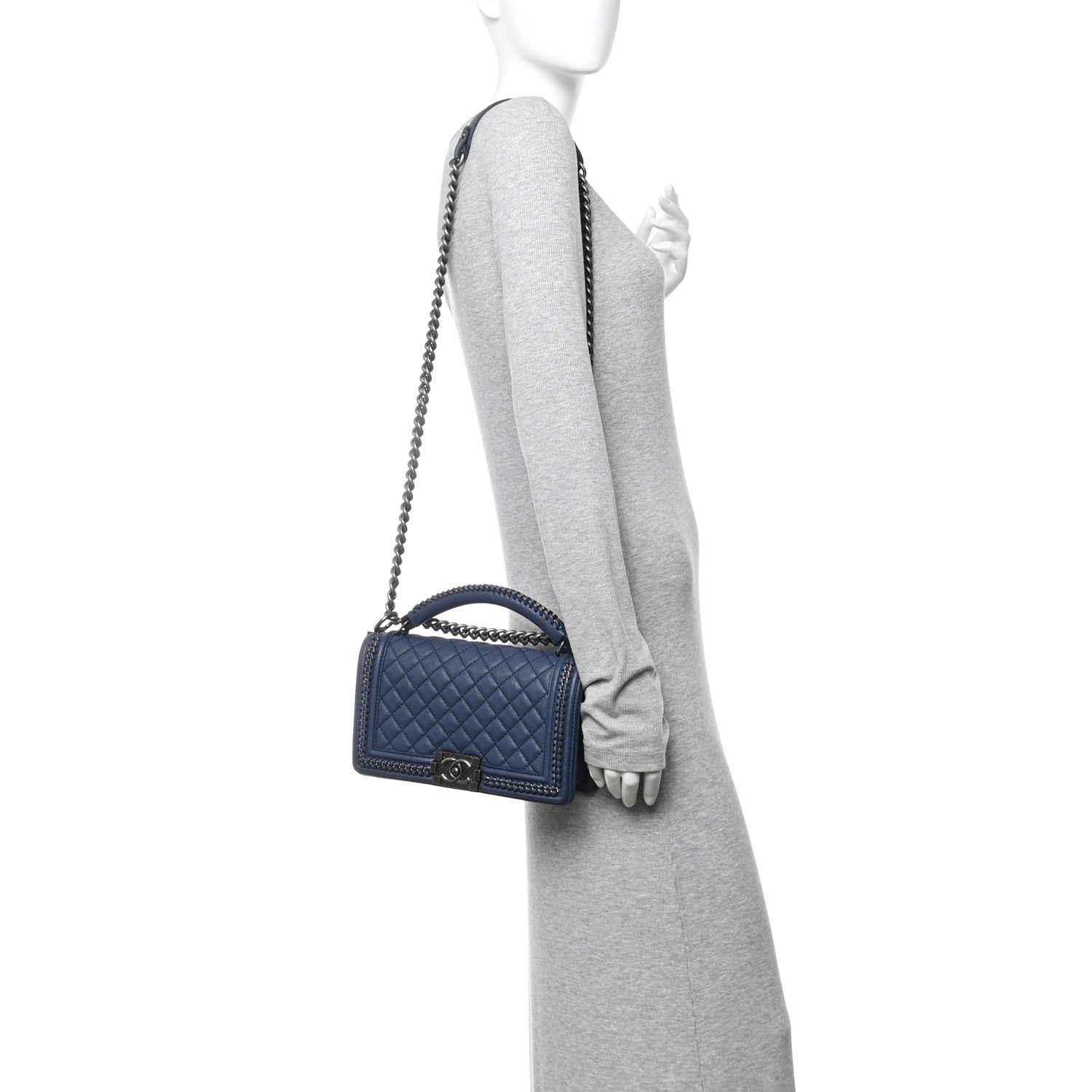 Lambskin Quilted Medium Top Handle Boy Flap Blue — view 2