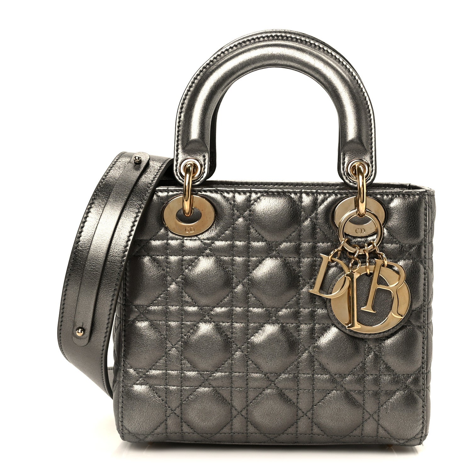 Metallic Lambskin Cannage Small My ABCDior Lady Dior Dark Silver