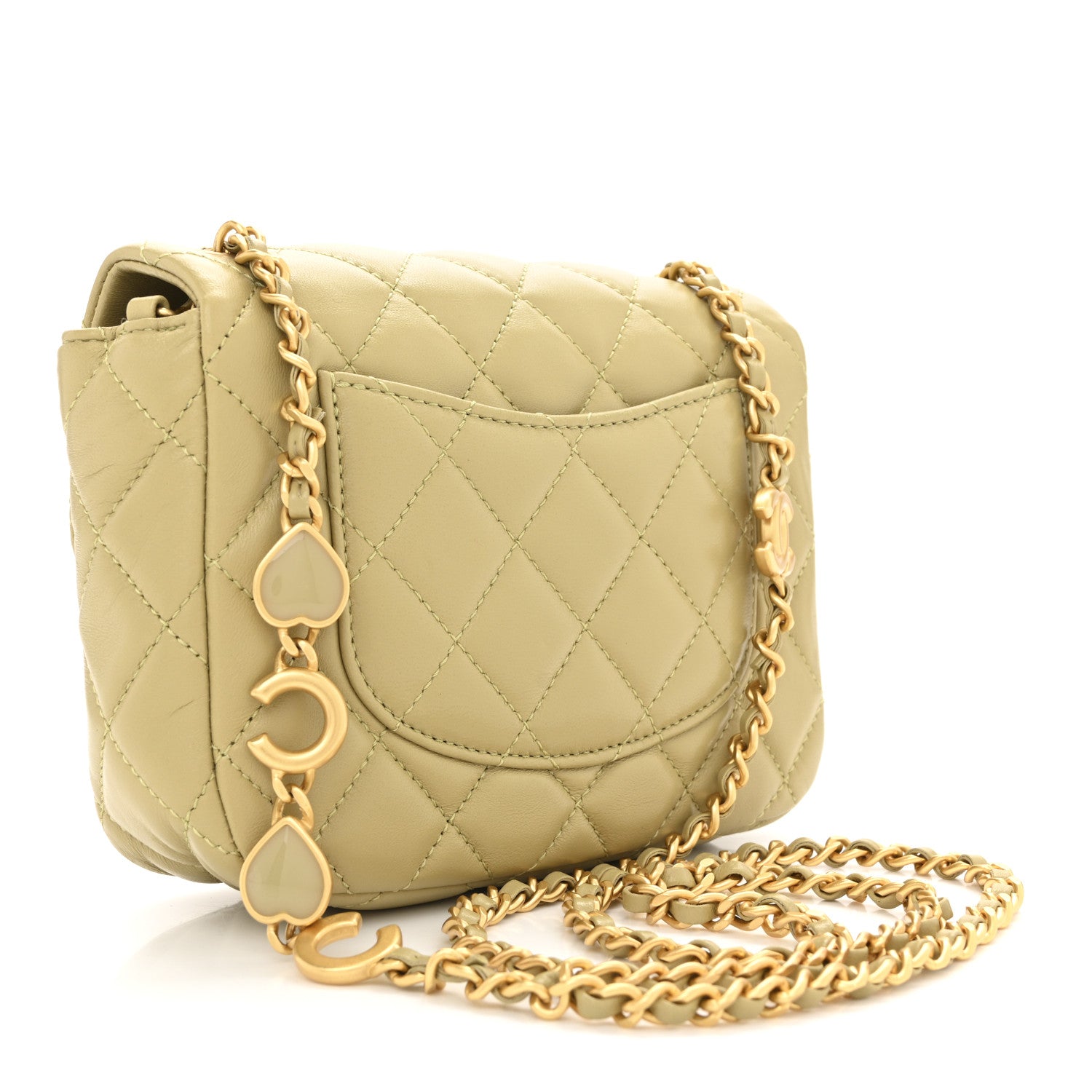 Lambskin Enamel Quilted Mini Coco Hearts Square Flap Light Green — view 3