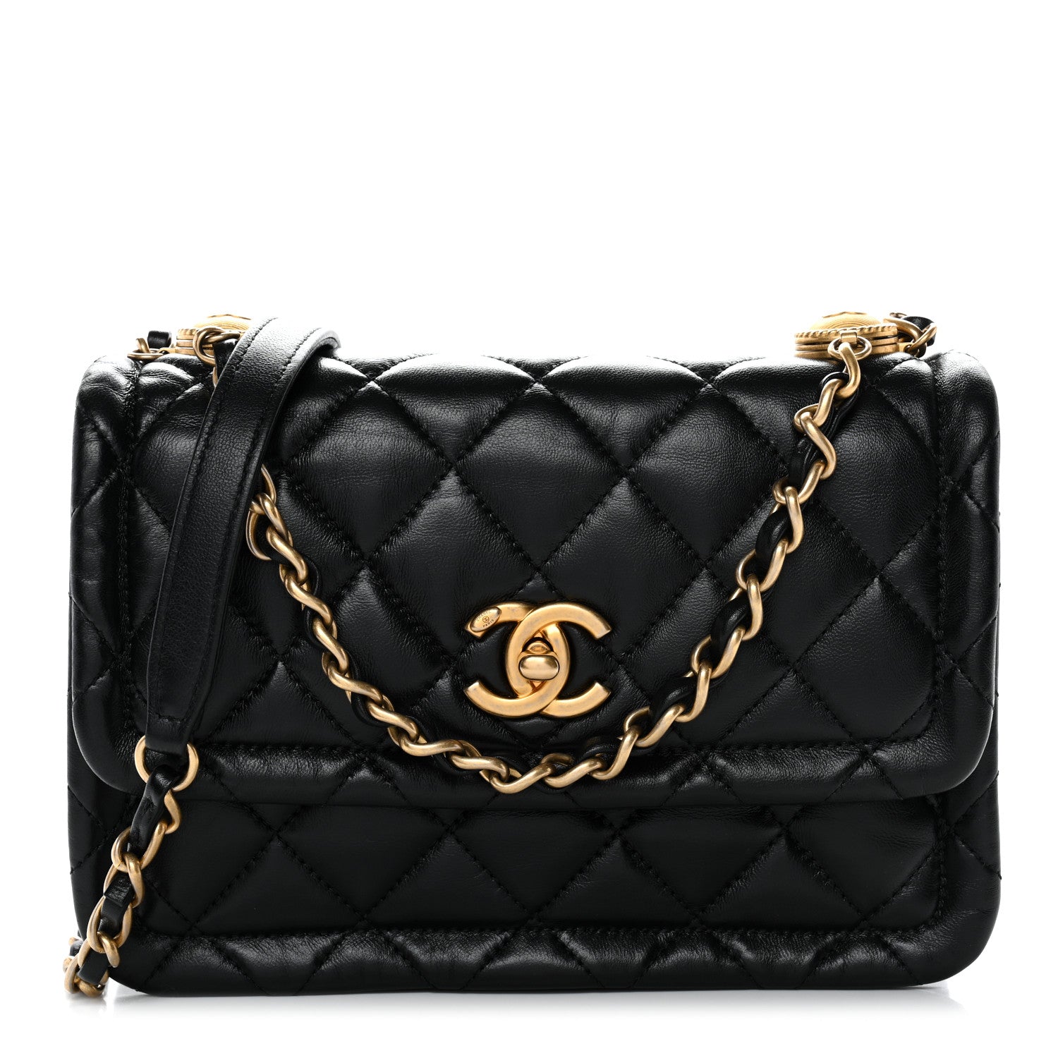 Shiny Lambskin Quilted Mini Flap Black