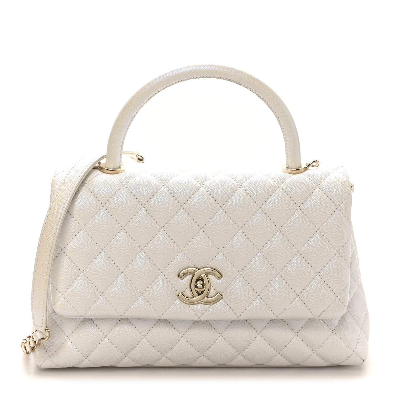 Iridescent Caviar Quilted Small Coco Handle Flap White