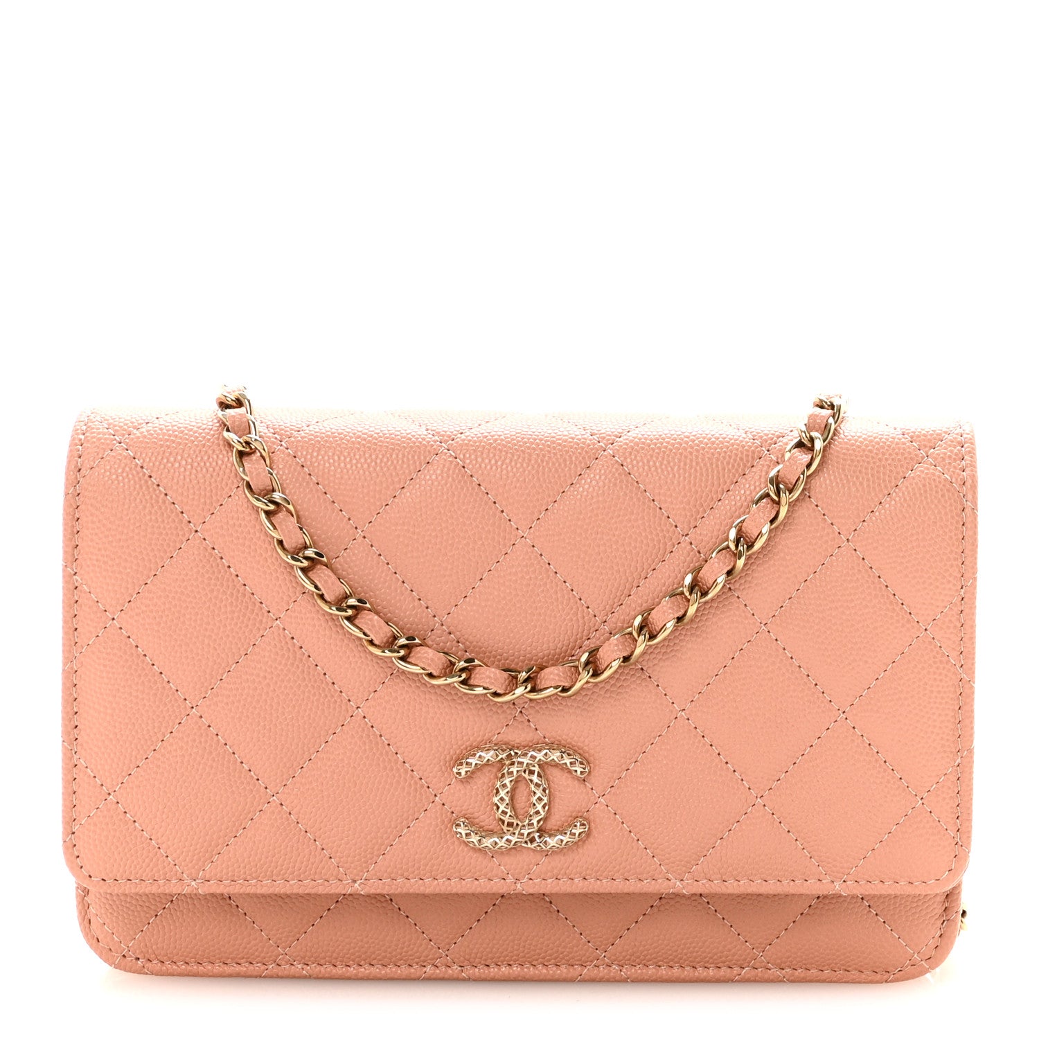 Caviar Quilted Perforated Metal CC Wallet On Chain WOC Beige