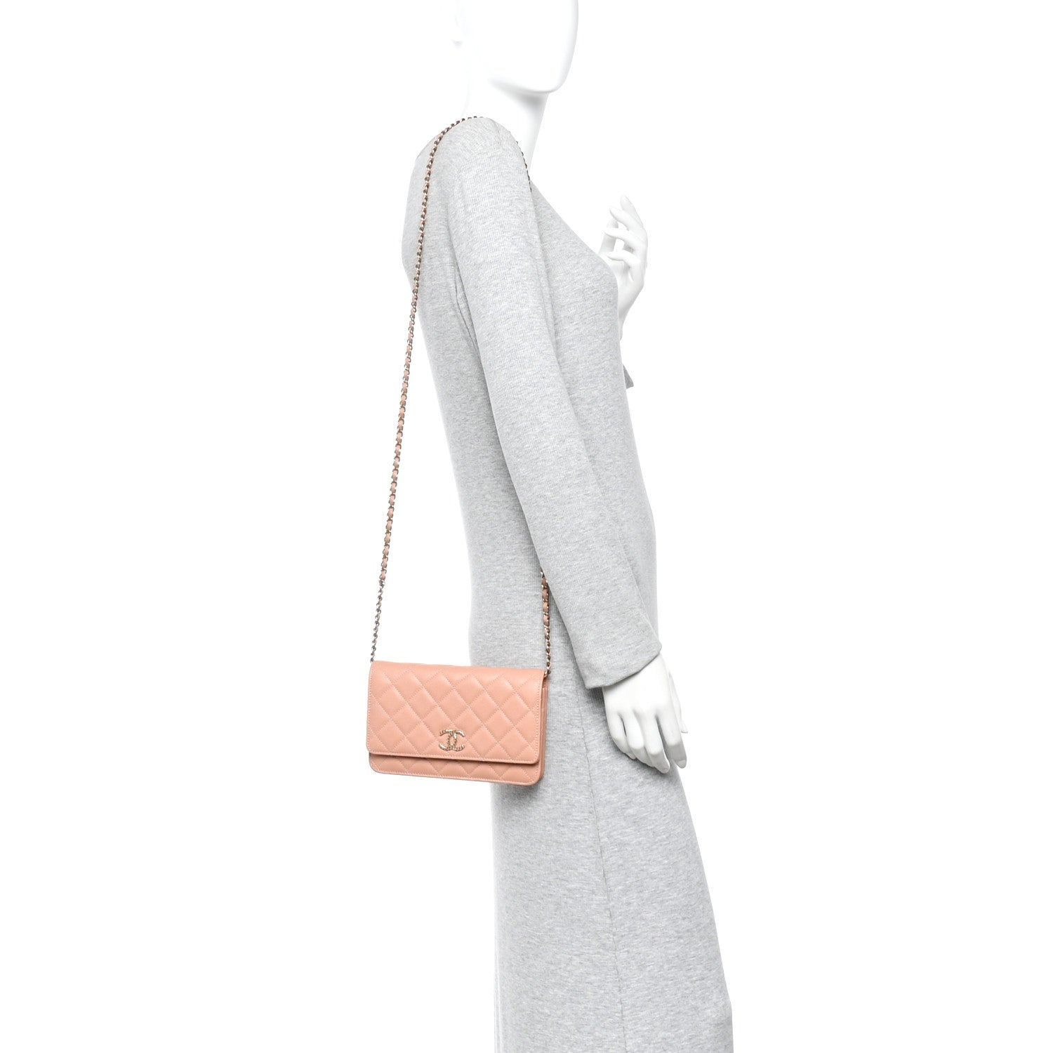 Caviar Quilted Perforated Metal CC Wallet On Chain WOC Beige — view 2