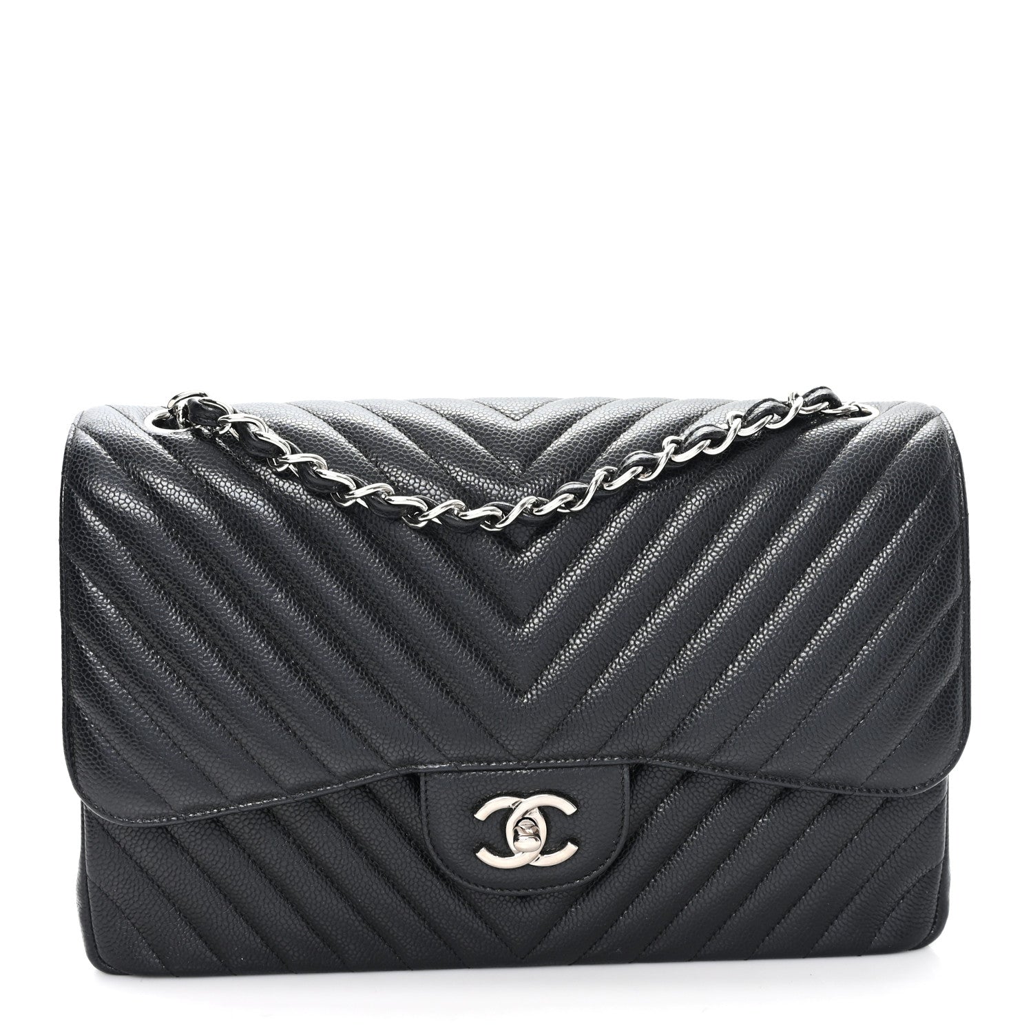 Caviar Chevron Quilted Jumbo Double Flap Black