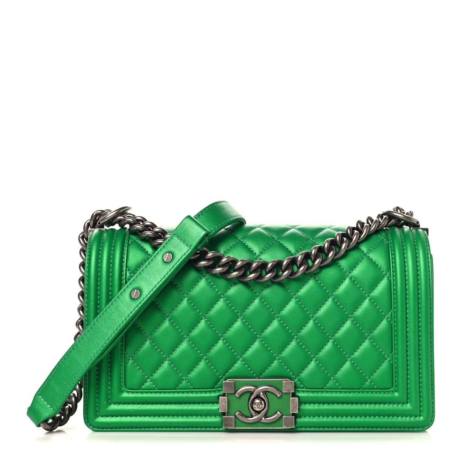 Metallic Calfskin Quilted Medium Boy Flap Green