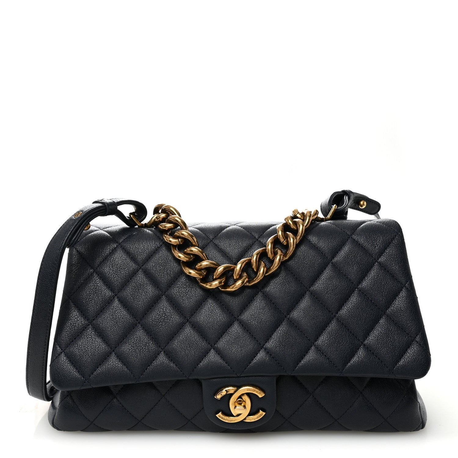 Shiny Sheepskin Quilted Large Trapezio Flap Navy