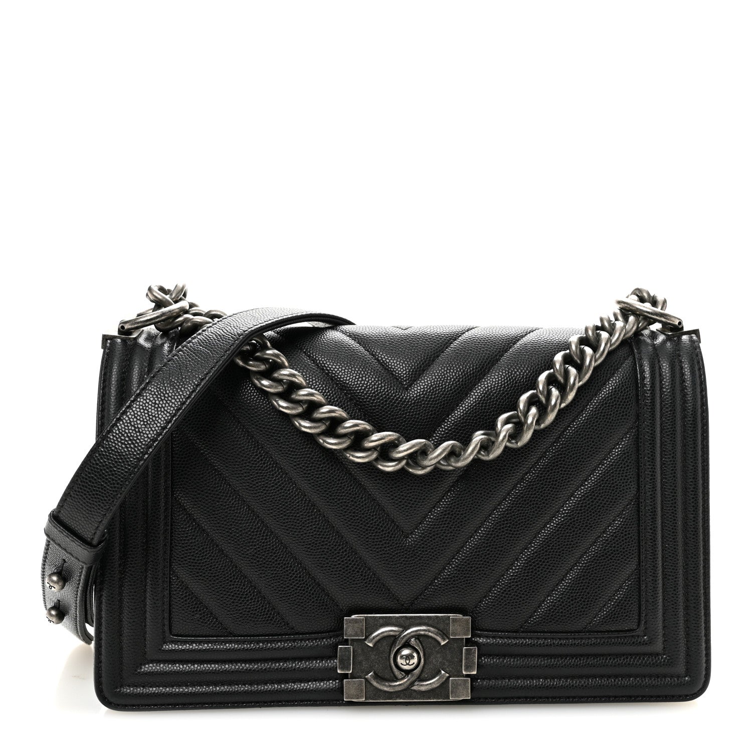Caviar Chevron Quilted Medium Boy Flap Black