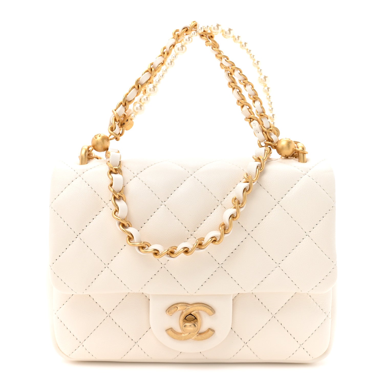 Shiny Lambskin Quilted Pearl Twist Mini Square Flap White