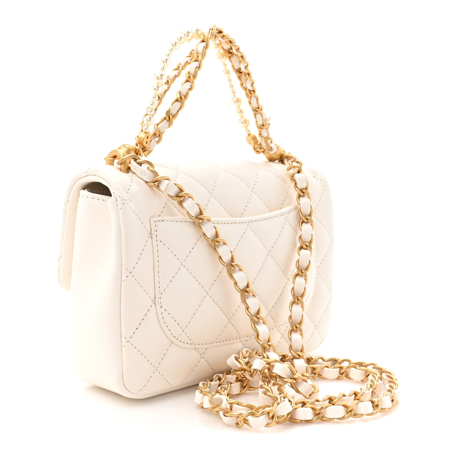 Shiny Lambskin Quilted Pearl Twist Mini Square Flap White — view 3