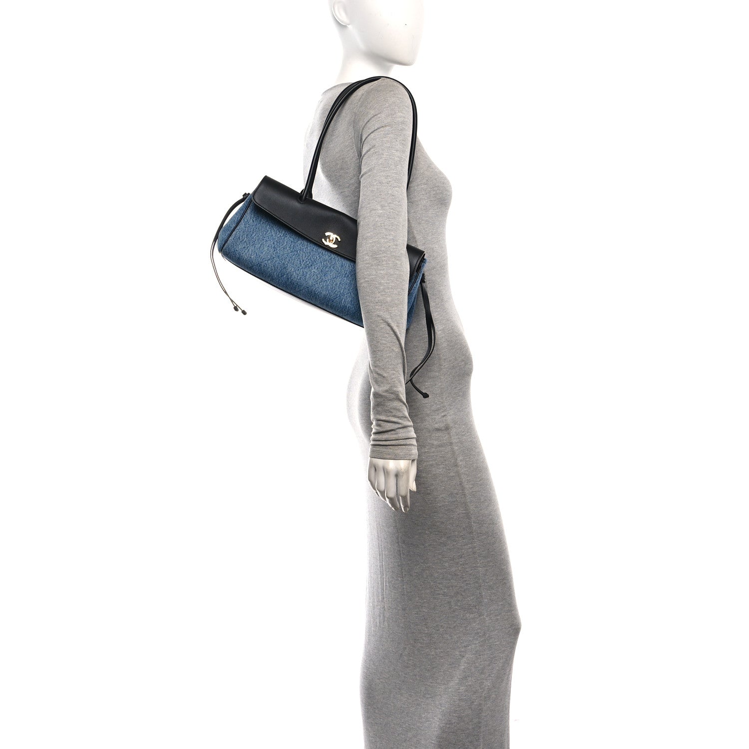 Calfskin Denim Stitched Urban Essentials Small Shopping Bag Blue Black — view 2