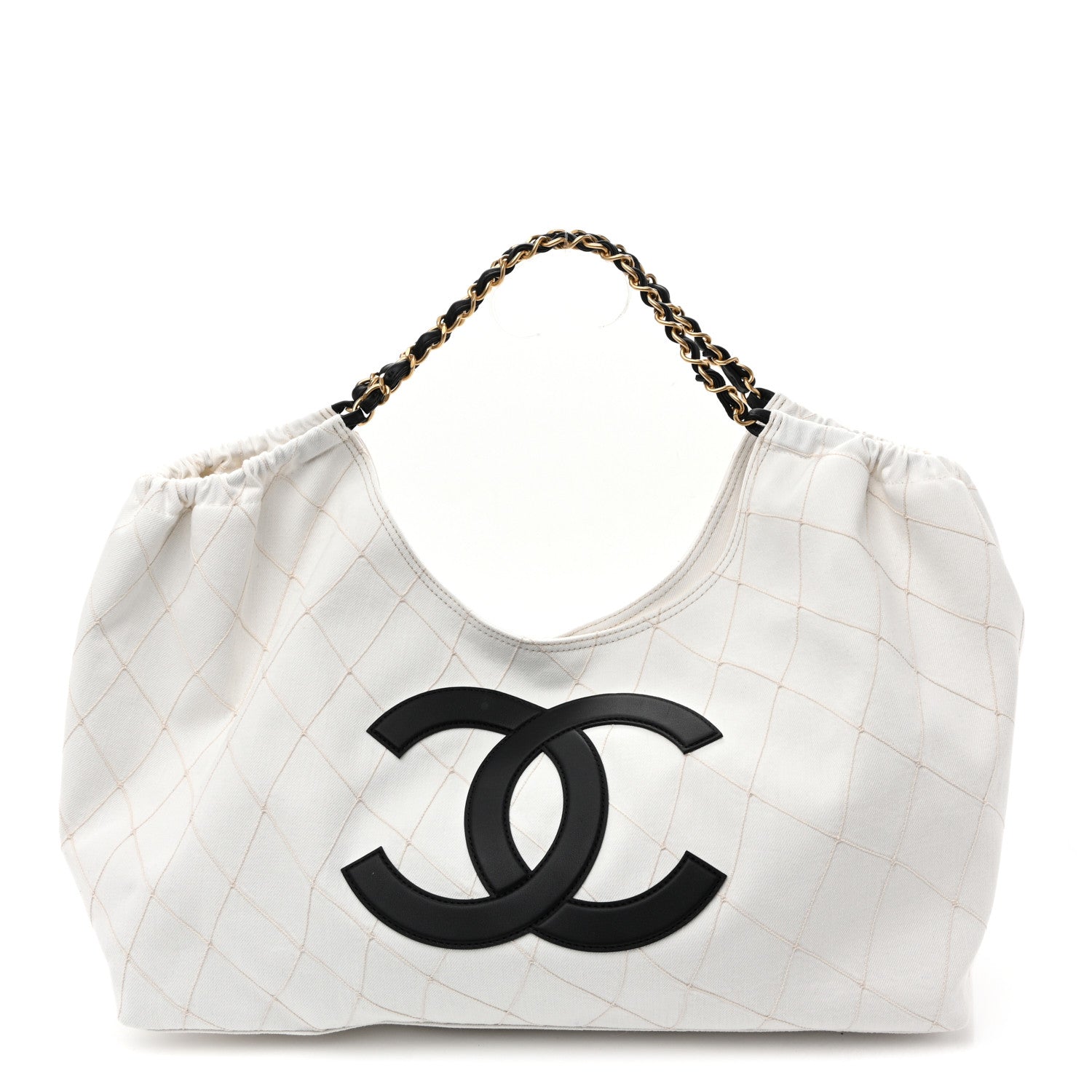 Denim Calfskin Quilted Coco Beach Small Shopping Tote White Black