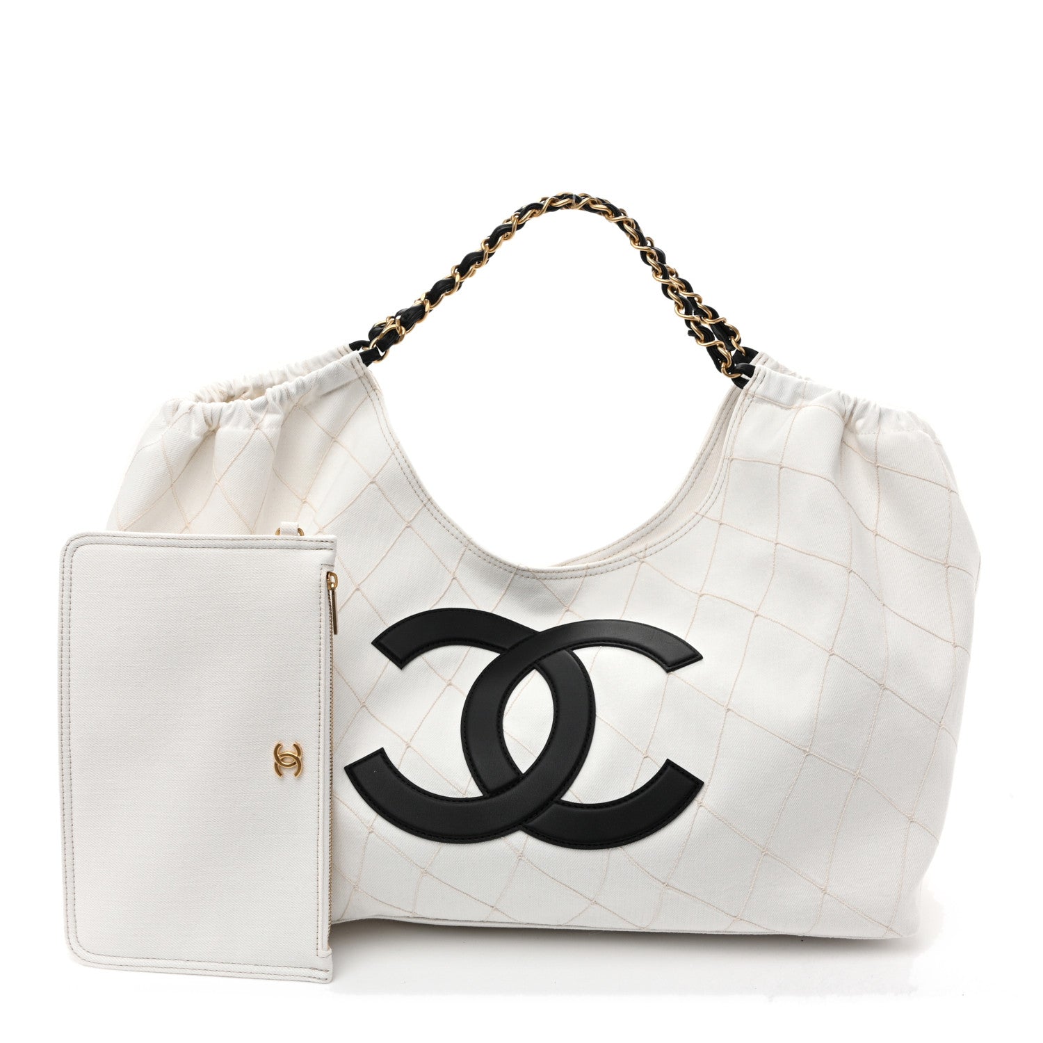 Denim Calfskin Quilted Coco Beach Small Shopping Tote White Black — view 2