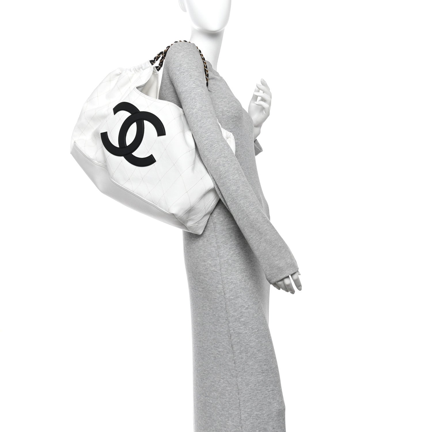 Denim Calfskin Quilted Coco Beach Small Shopping Tote White Black — view 3