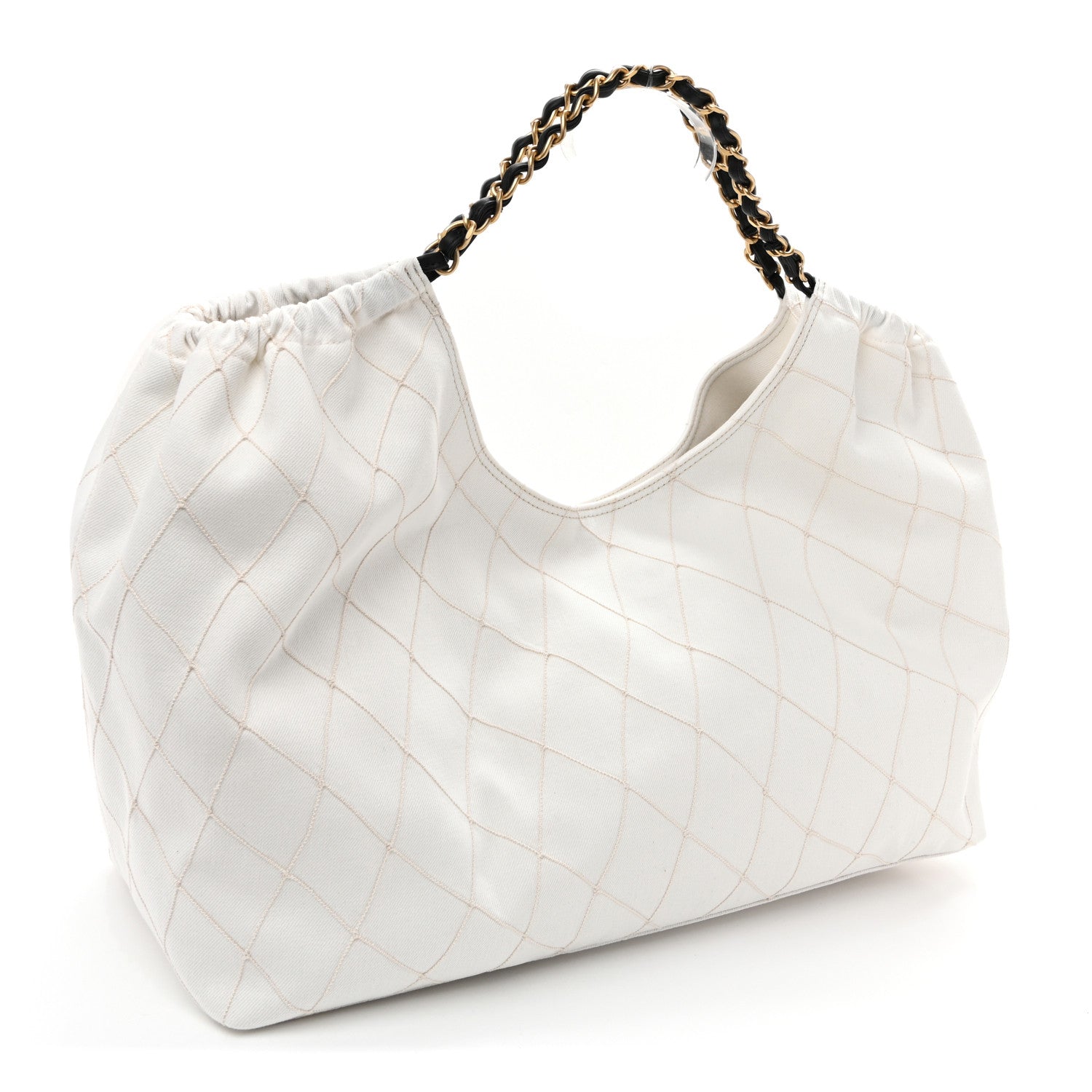 Denim Calfskin Quilted Coco Beach Small Shopping Tote White Black — view 4