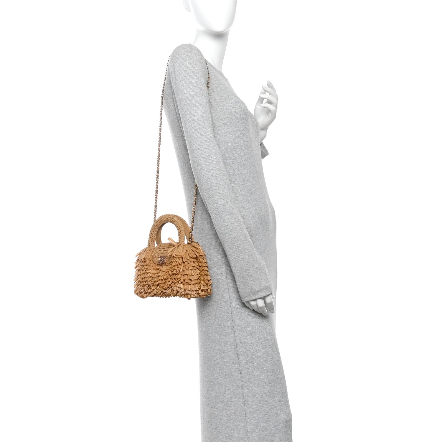Raffia Fringe Nano Kelly Shopper Dark Beige — view 2
