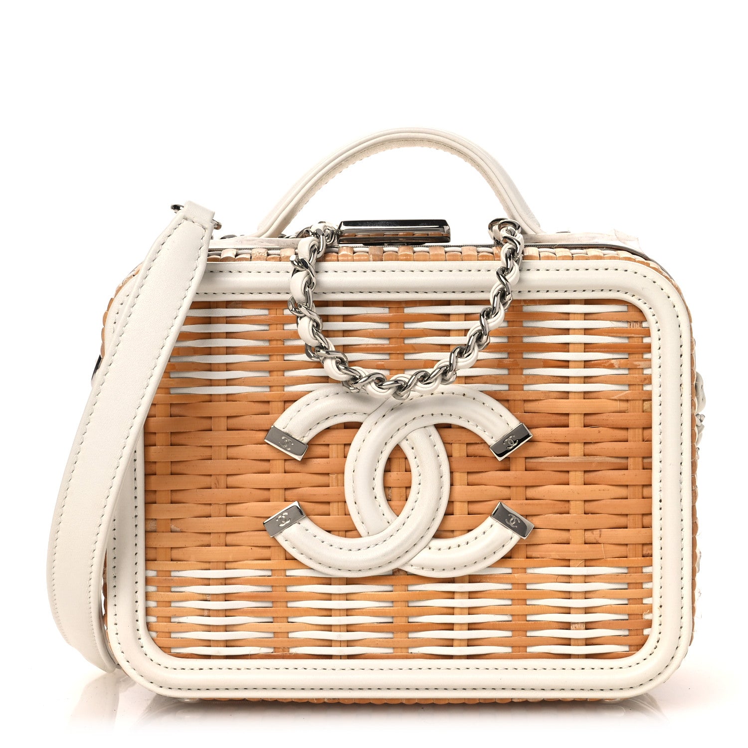 Raffia Calfskin Small CC Filigree Vanity Case White