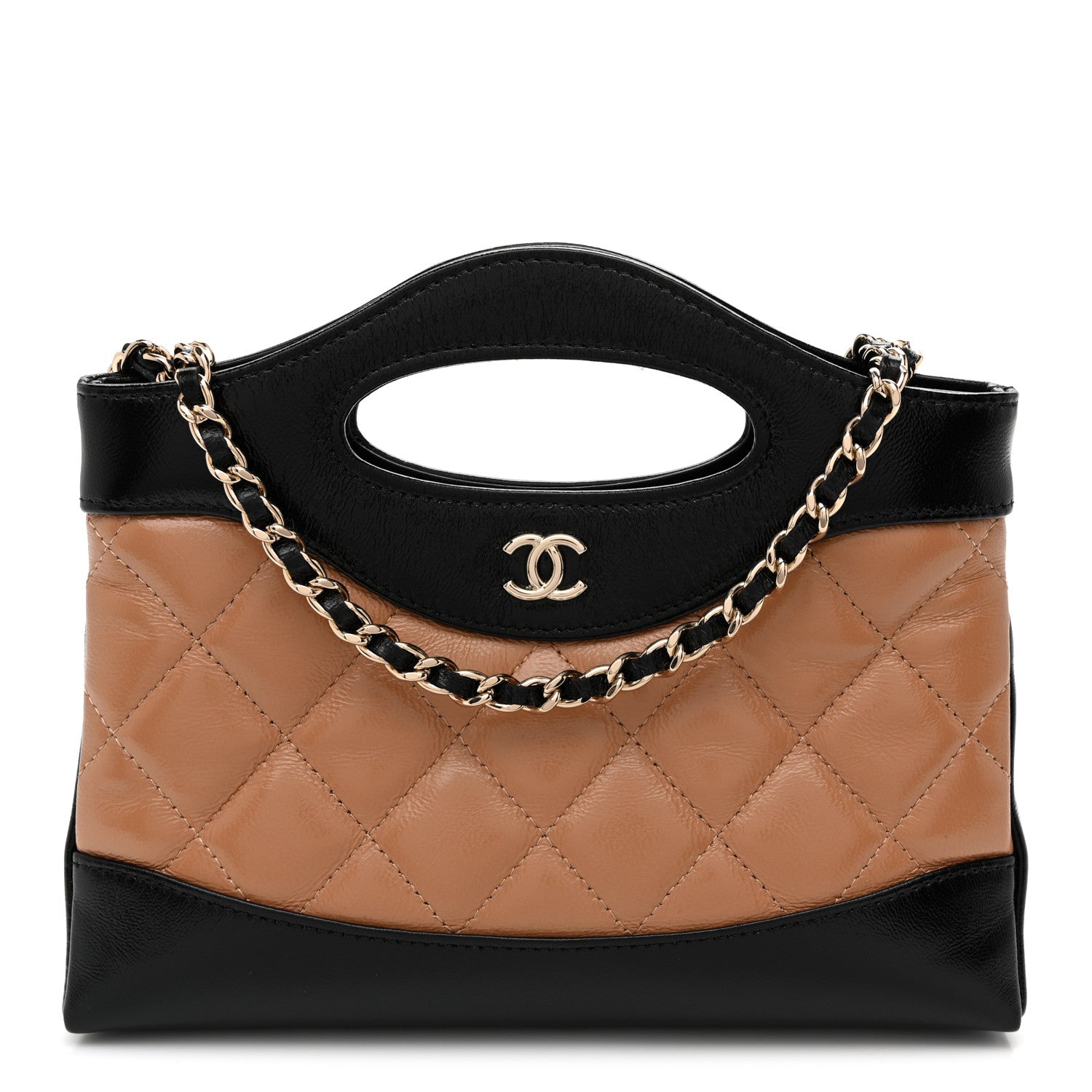 Shiny Crumpled Calfskin Quilted Nano 31 Shopping Bag Dark Beige Black Dark Beige Black