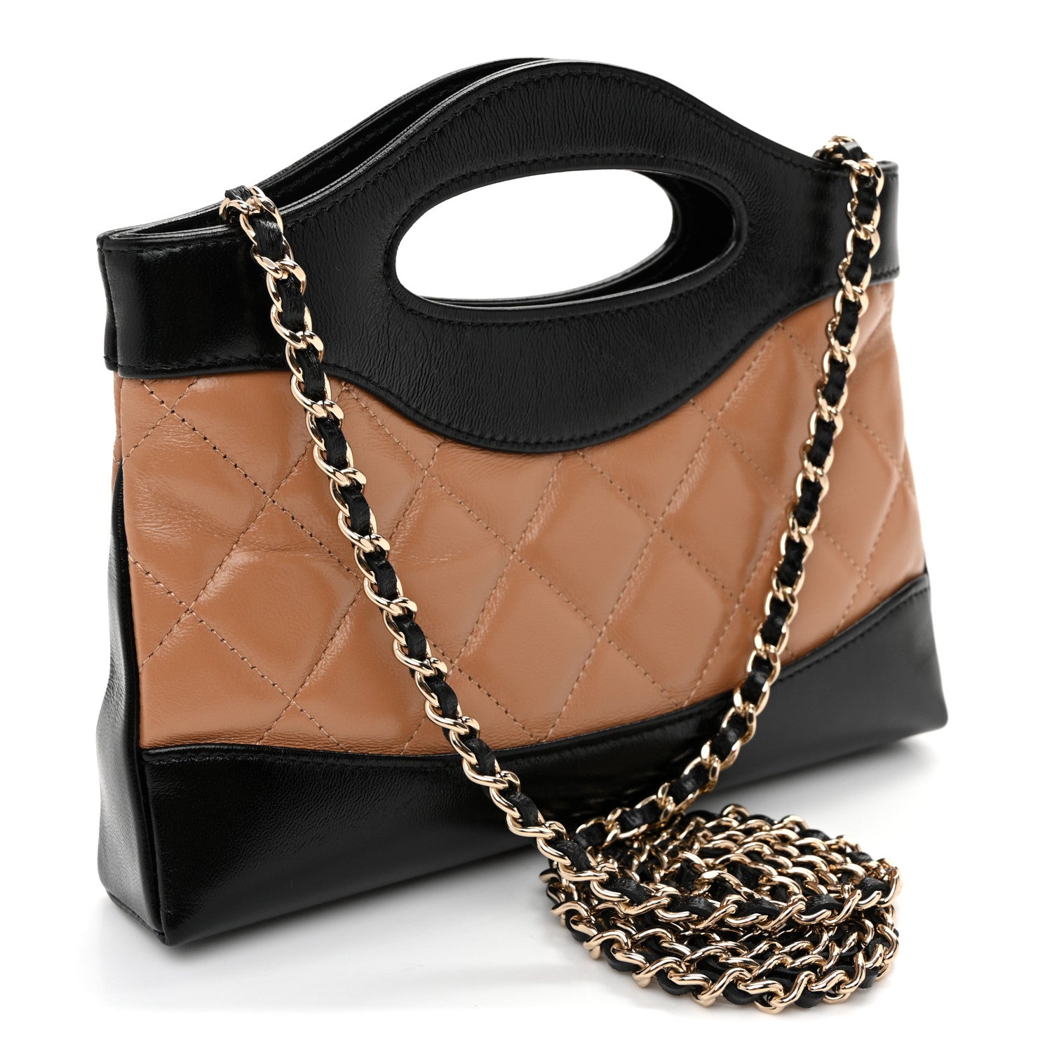 Shiny Crumpled Calfskin Quilted Nano 31 Shopping Bag Dark Beige Black Dark Beige Black — view 3
