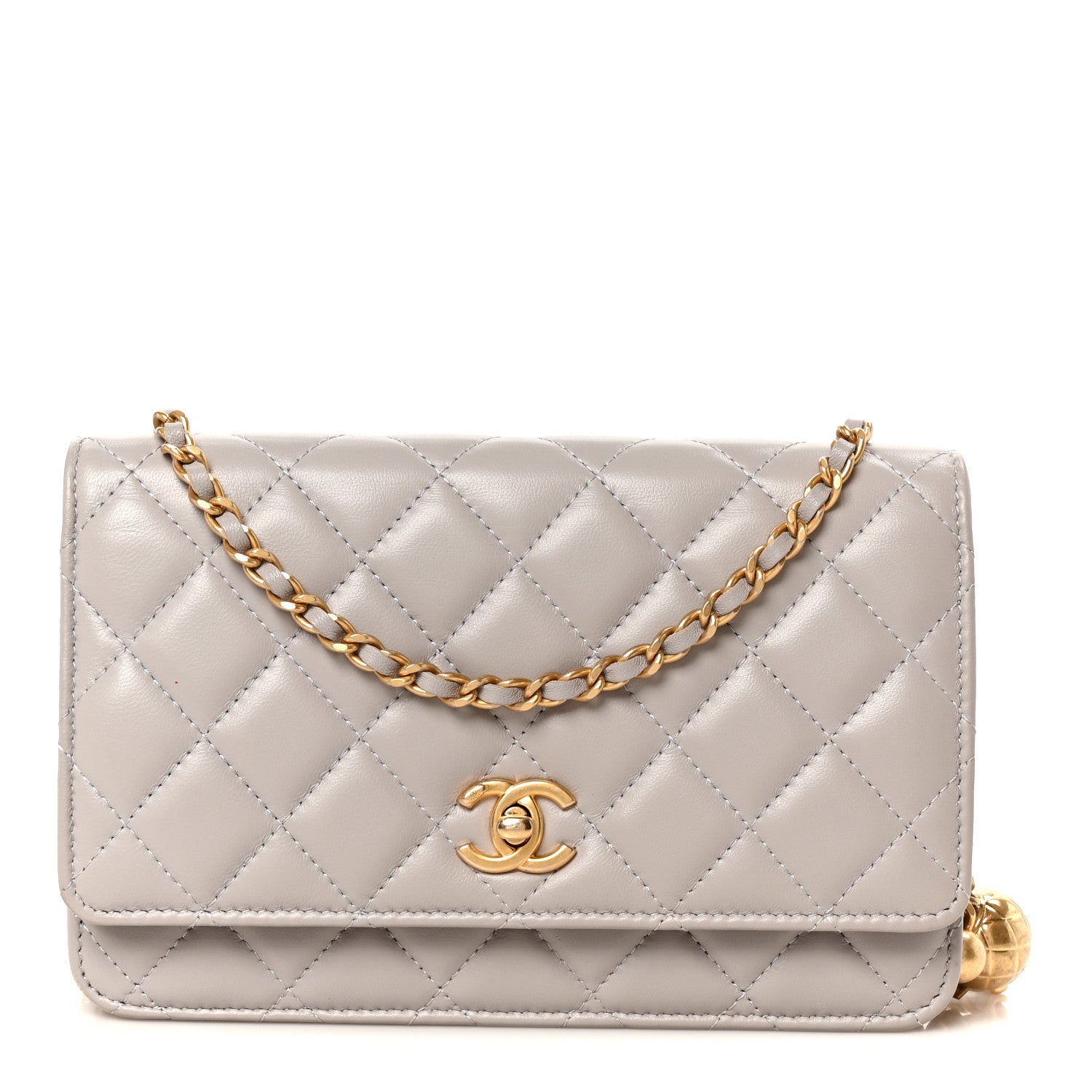 Lambskin Quilted CC Pearl Crush Wallet on Chain WOC Grey