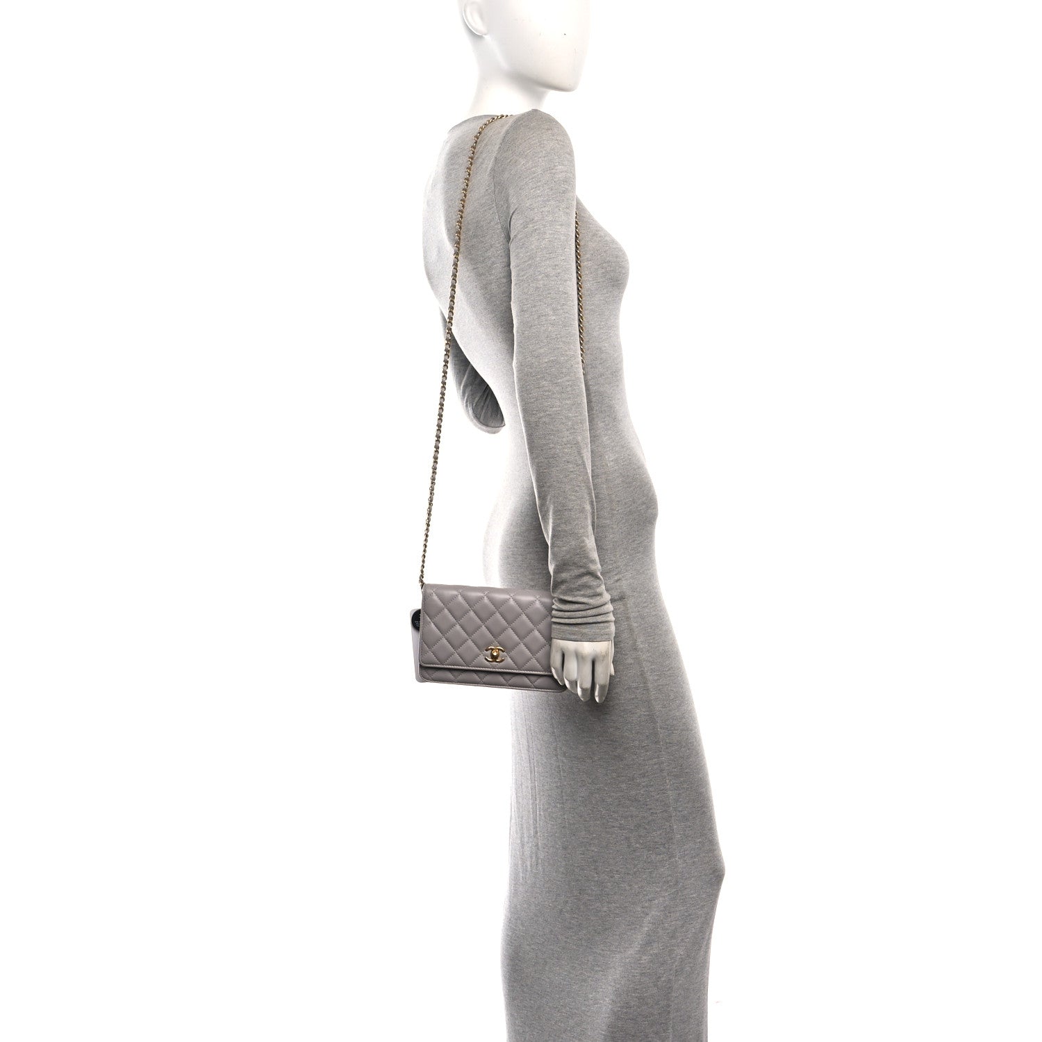 Lambskin Quilted CC Pearl Crush Wallet on Chain WOC Grey — view 2