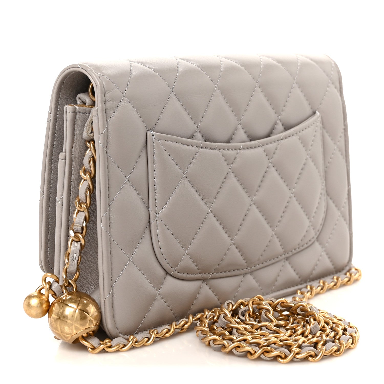 Lambskin Quilted CC Pearl Crush Wallet on Chain WOC Grey — view 3