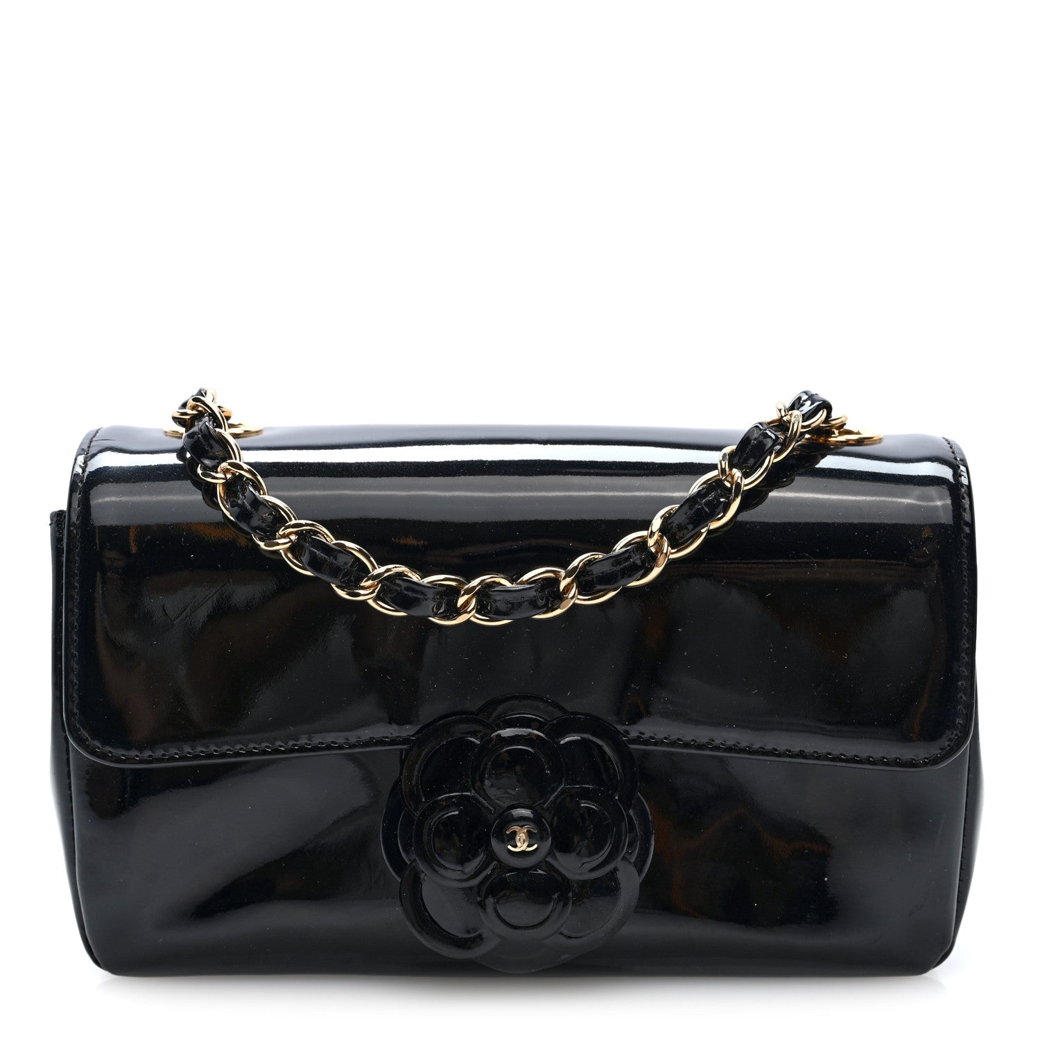 Patent Calfskin Small Camellia Flap Black