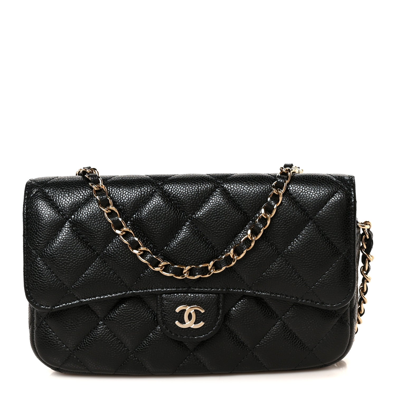 Caviar Quilted Flap Phone Holder With Chain Black Black