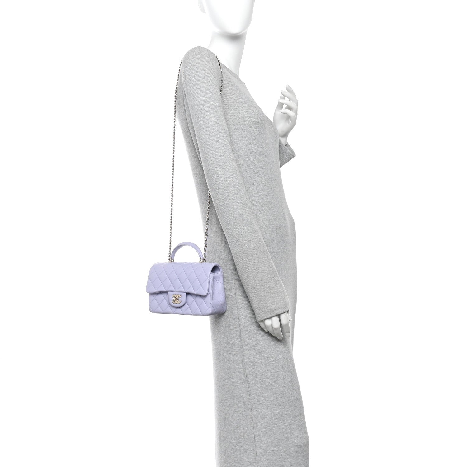 Lambskin Quilted Mini Top Handle Rectangular Flap Light Purple — view 2