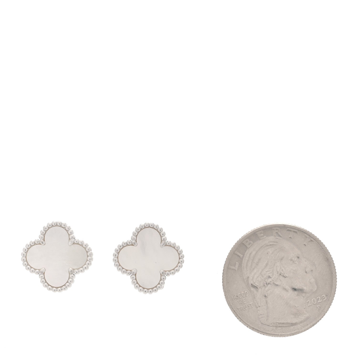 18K White Gold Mother of Pearl Vintage Alhambra Earrings — view 2