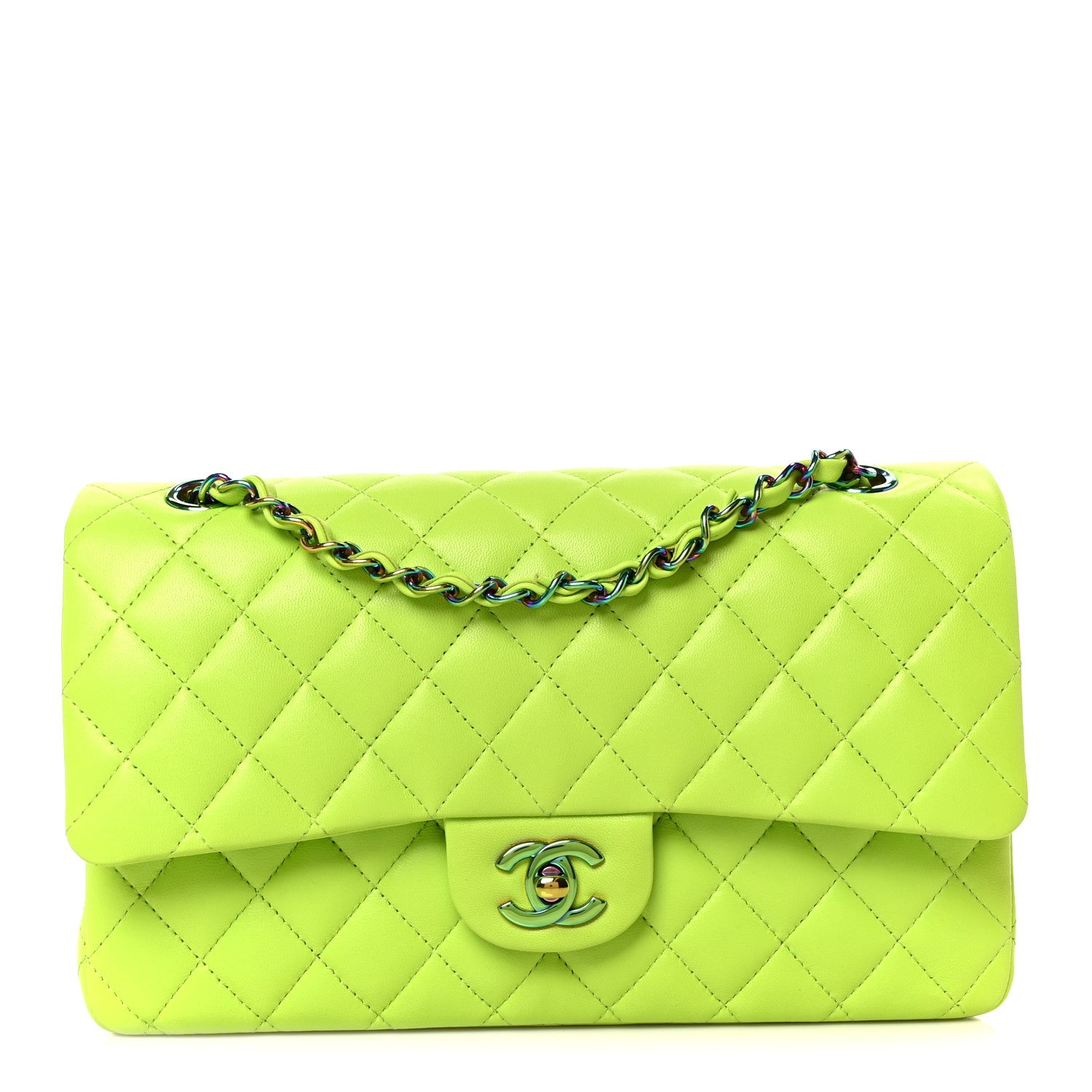 Lambskin Quilted Rainbow CC Medium Double Flap Neon Green Neon Green