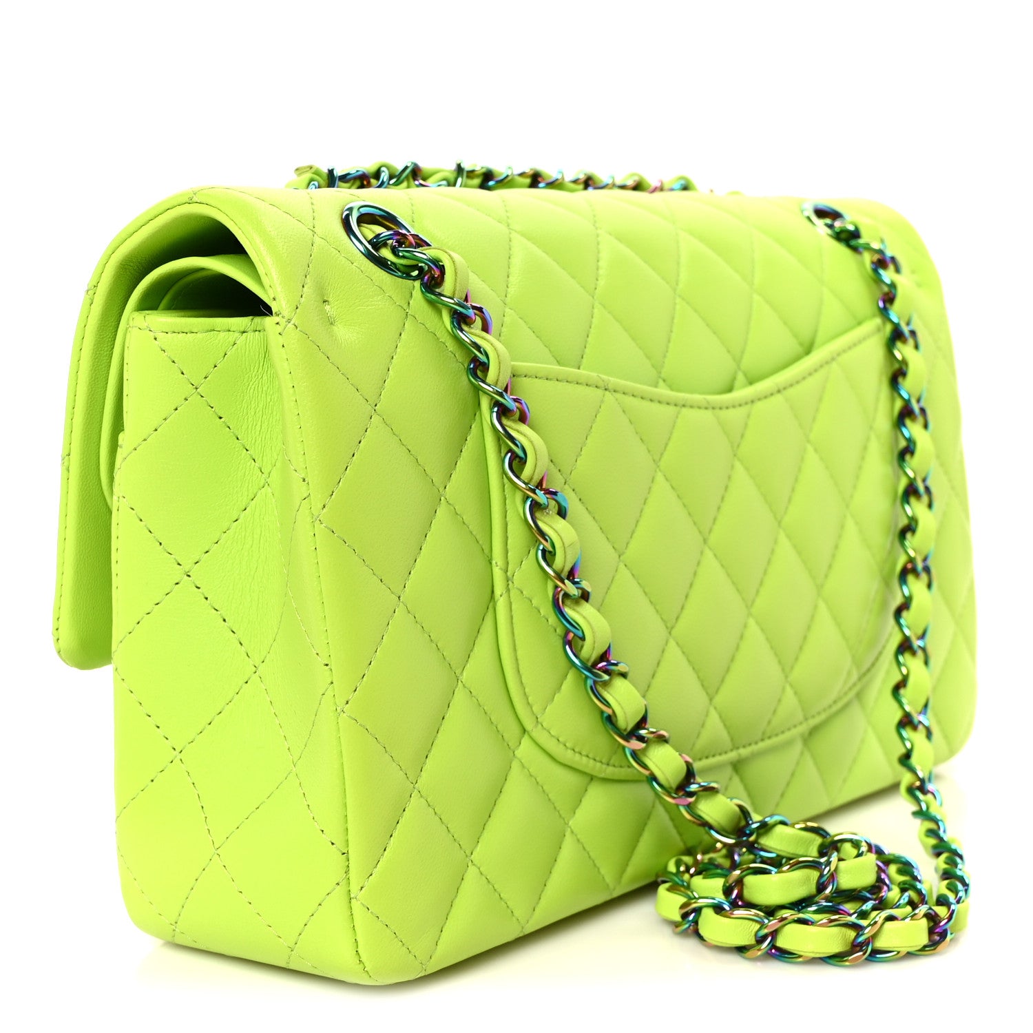 Lambskin Quilted Rainbow CC Medium Double Flap Neon Green Neon Green — view 3