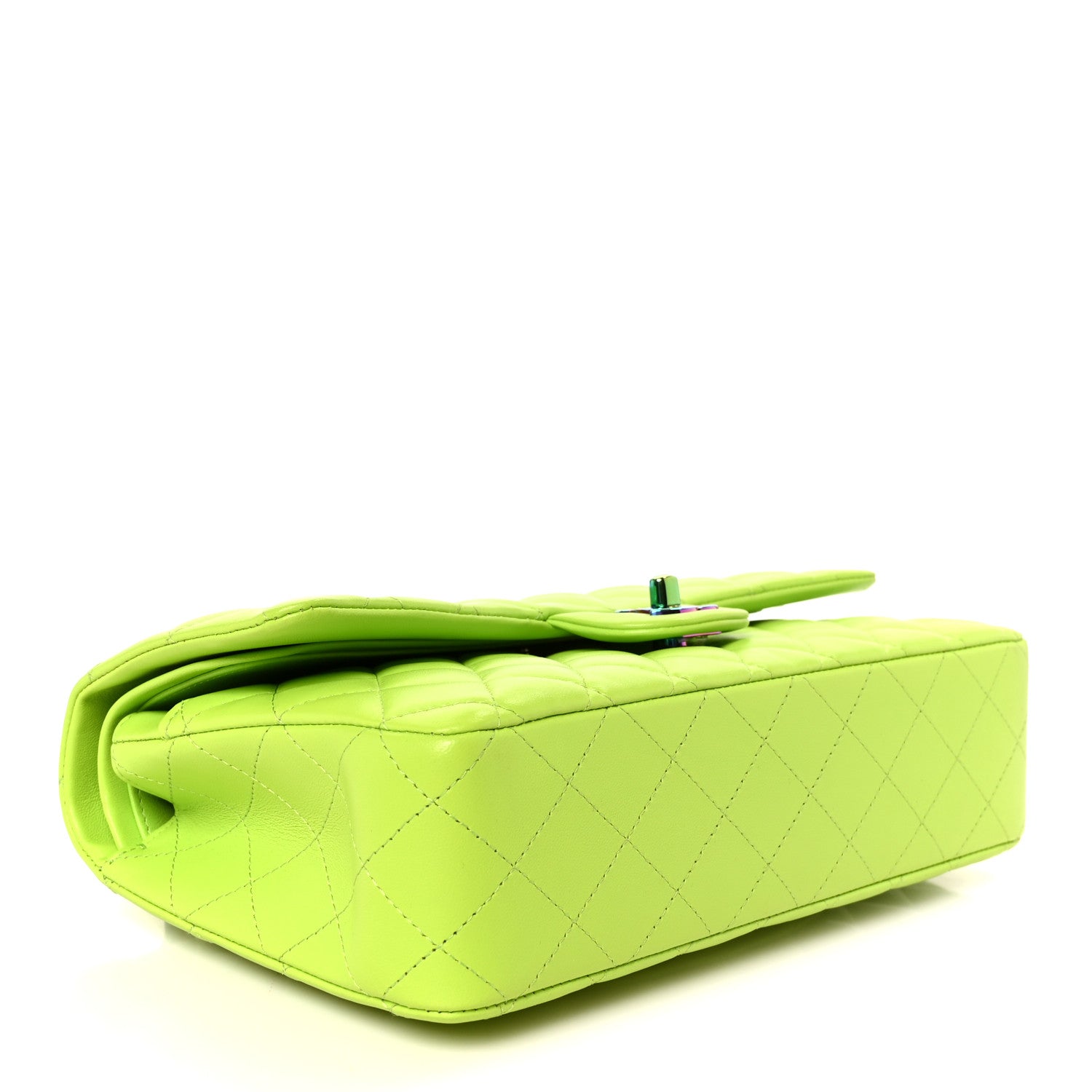 Lambskin Quilted Rainbow CC Medium Double Flap Neon Green Neon Green — view 4