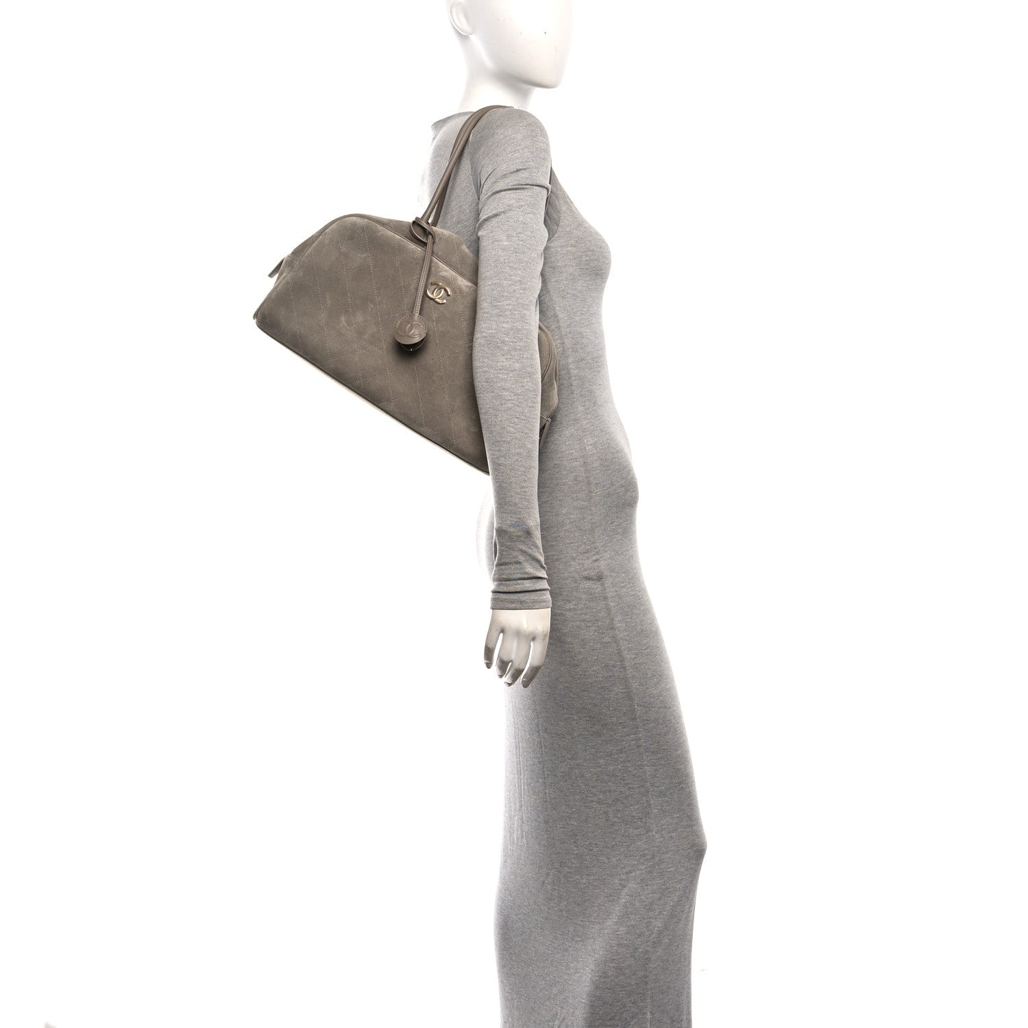 Suede Calfskin Large Perfect Bowling Bag Dark Beige — view 2