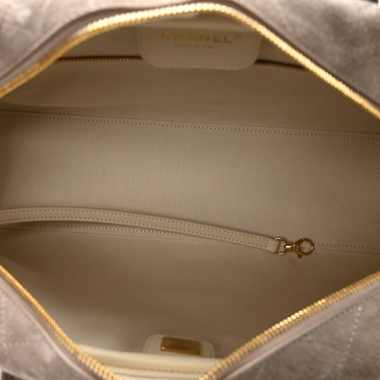 Suede Calfskin Large Perfect Bowling Bag Dark Beige — view 5