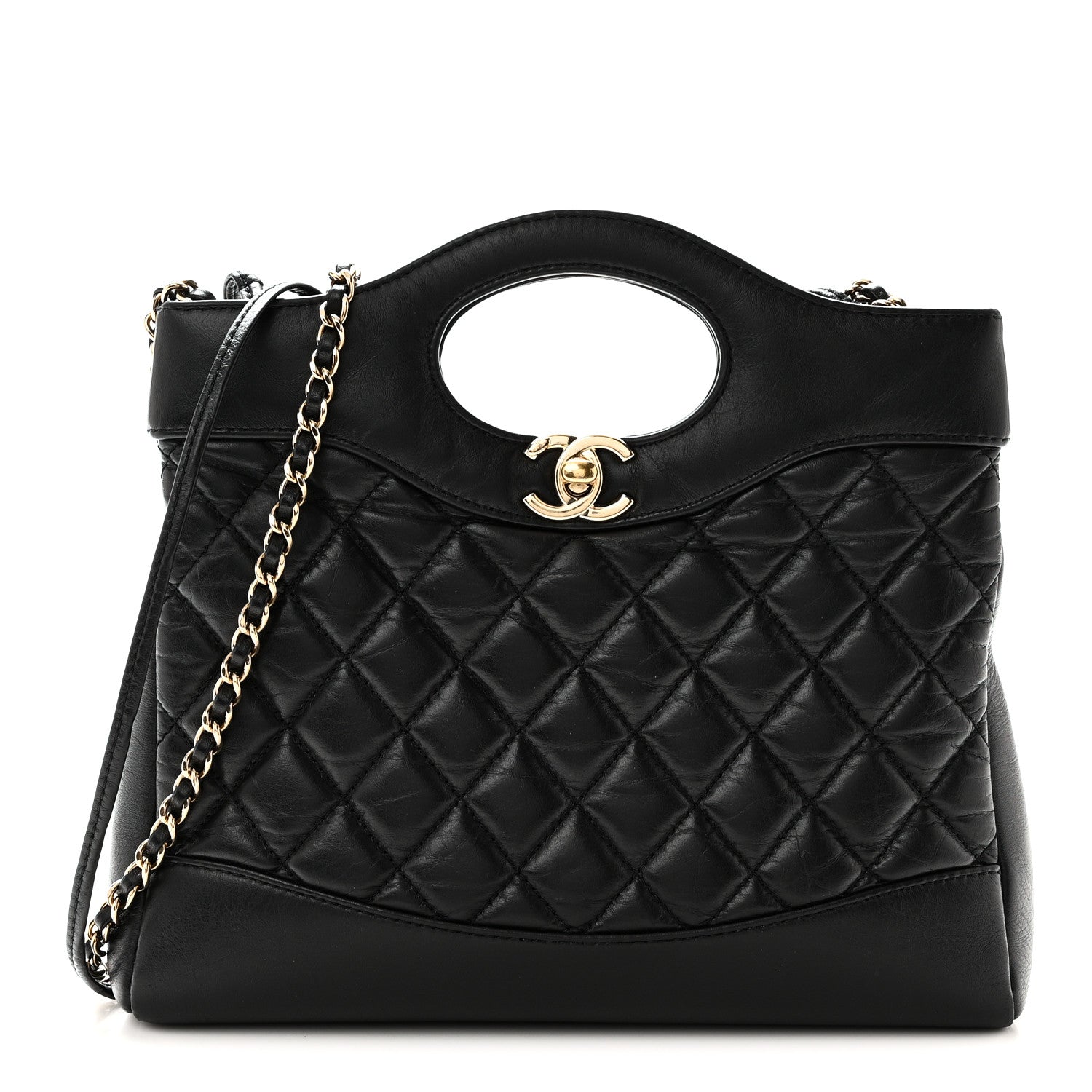 Shiny Crumpled Calfskin Quilted Mini 31 Shopping Bag Black