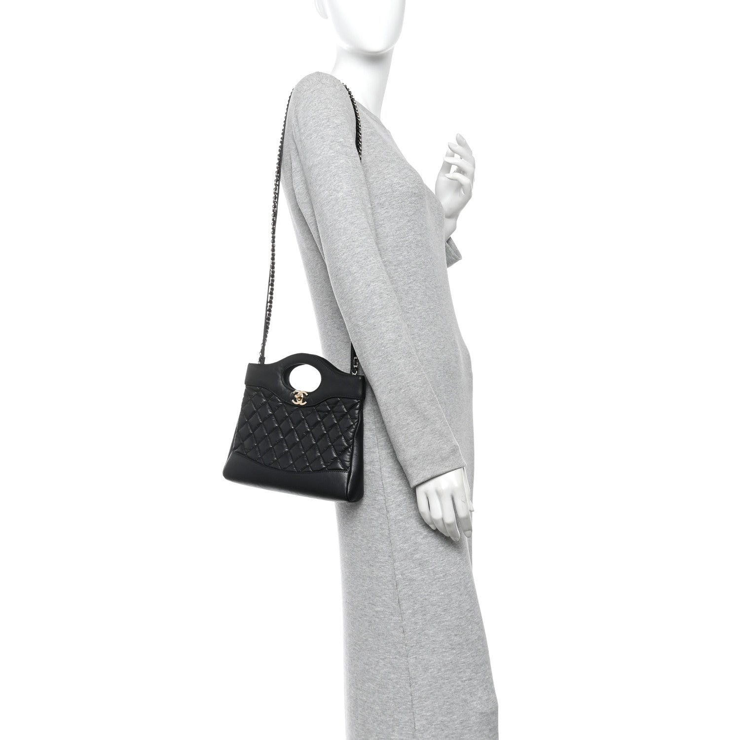 Shiny Crumpled Calfskin Quilted Mini 31 Shopping Bag Black — view 2