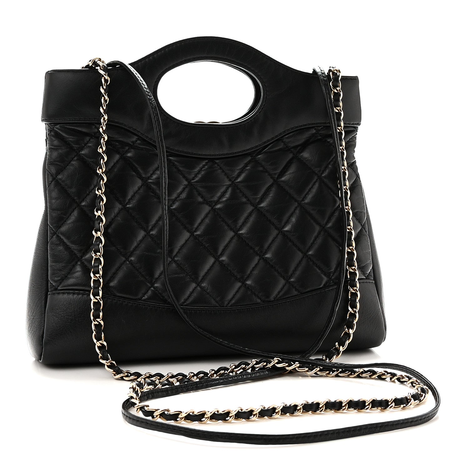 Shiny Crumpled Calfskin Quilted Mini 31 Shopping Bag Black — view 3
