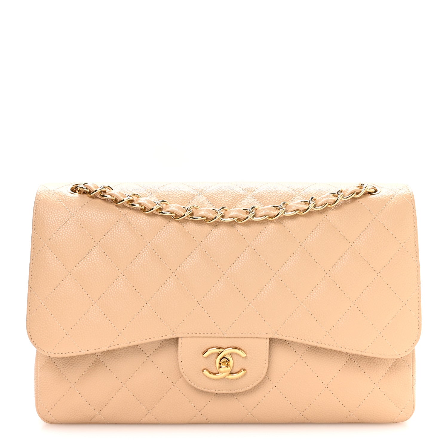 Caviar Quilted Jumbo Double Flap Beige Clair
