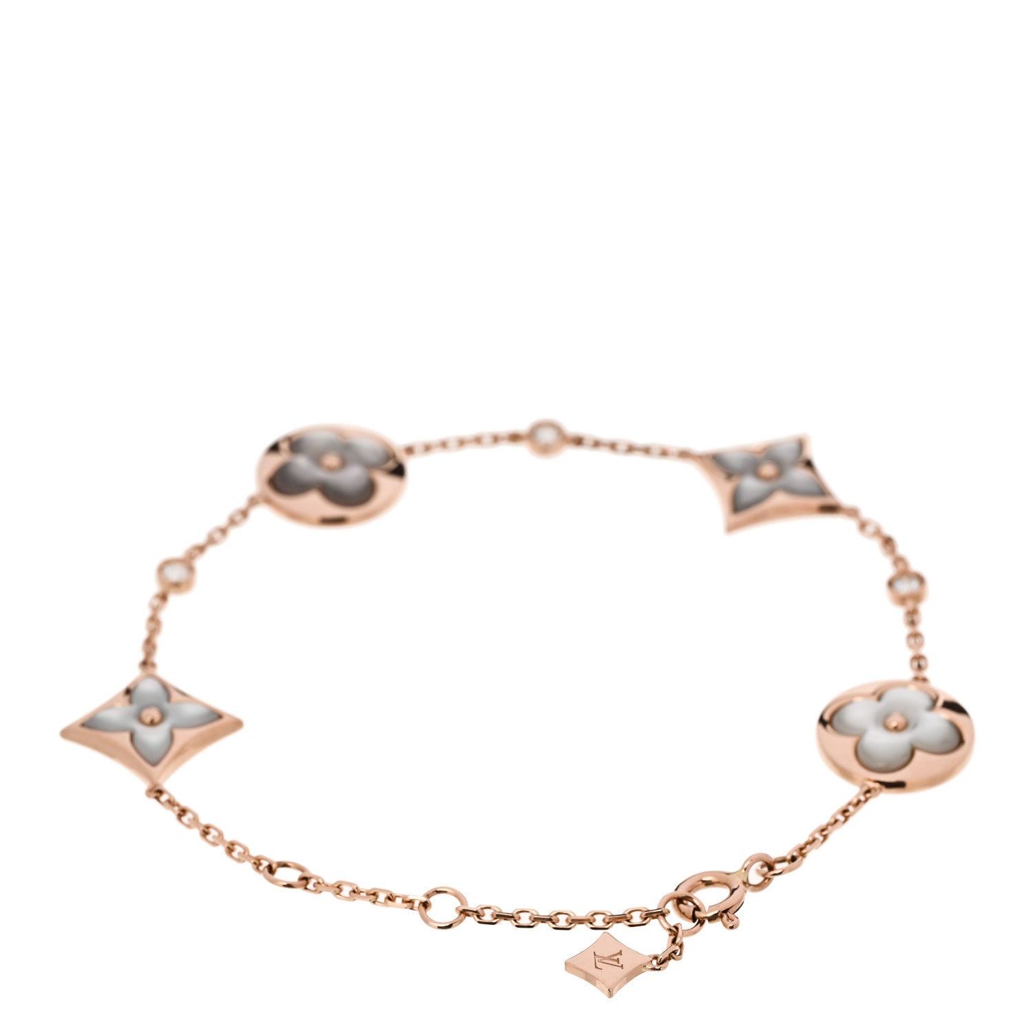 18K Pink Gold Diamond Mother of Pearl Color Blossom Multi Motif Bracelet — view 2