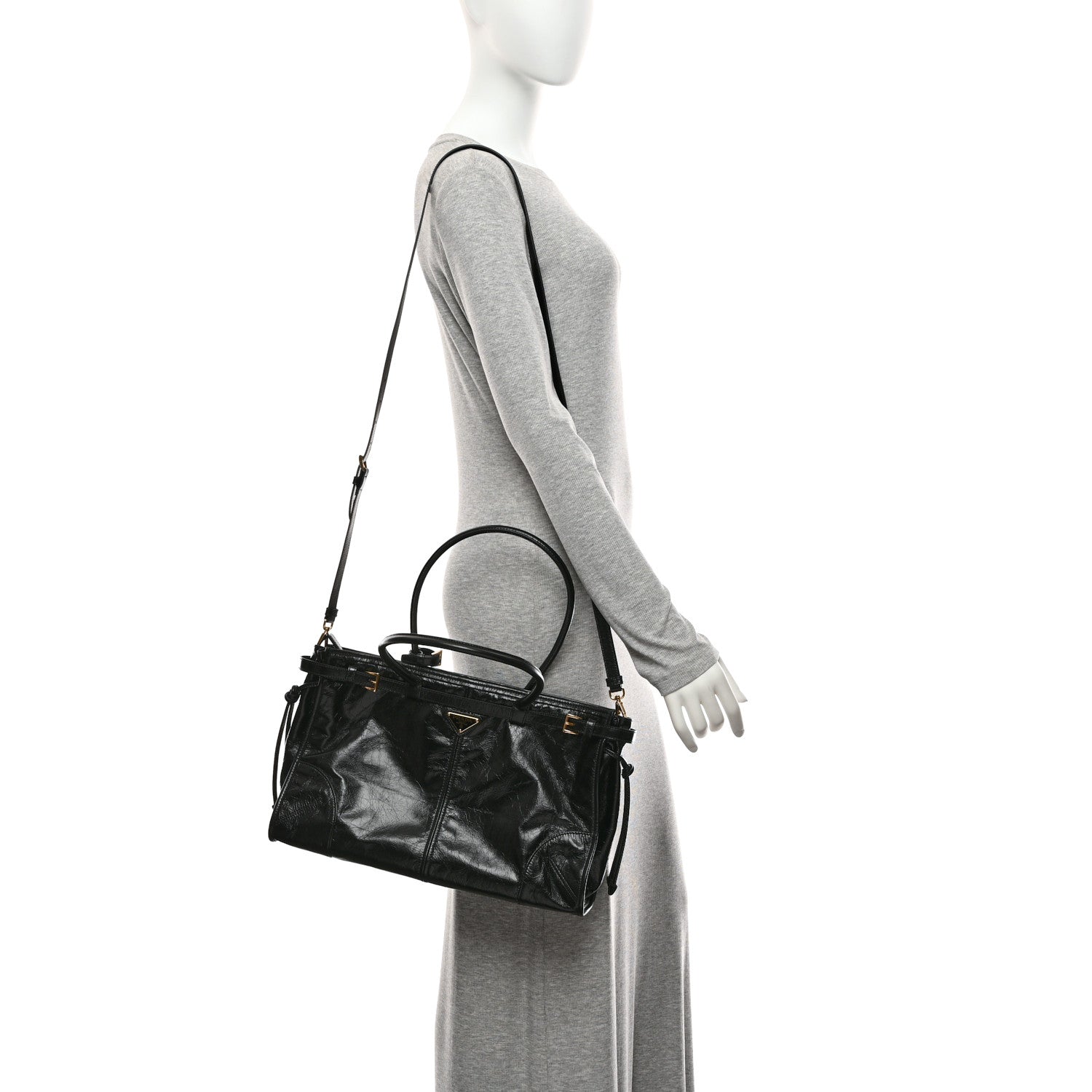 Glossy Calfskin Triangle Large Bonnie Shoulder Bag Black — view 2