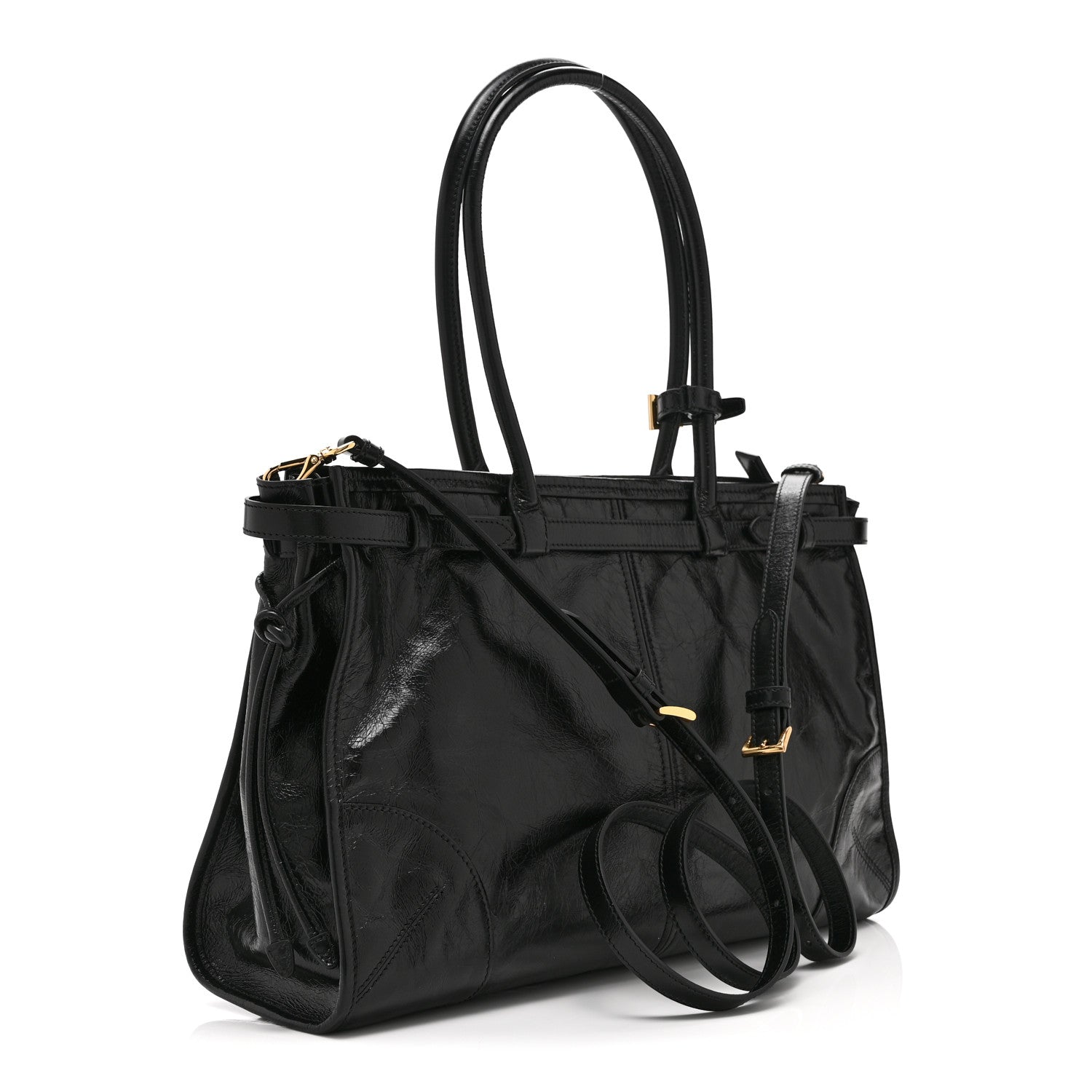Glossy Calfskin Triangle Large Bonnie Shoulder Bag Black — view 3