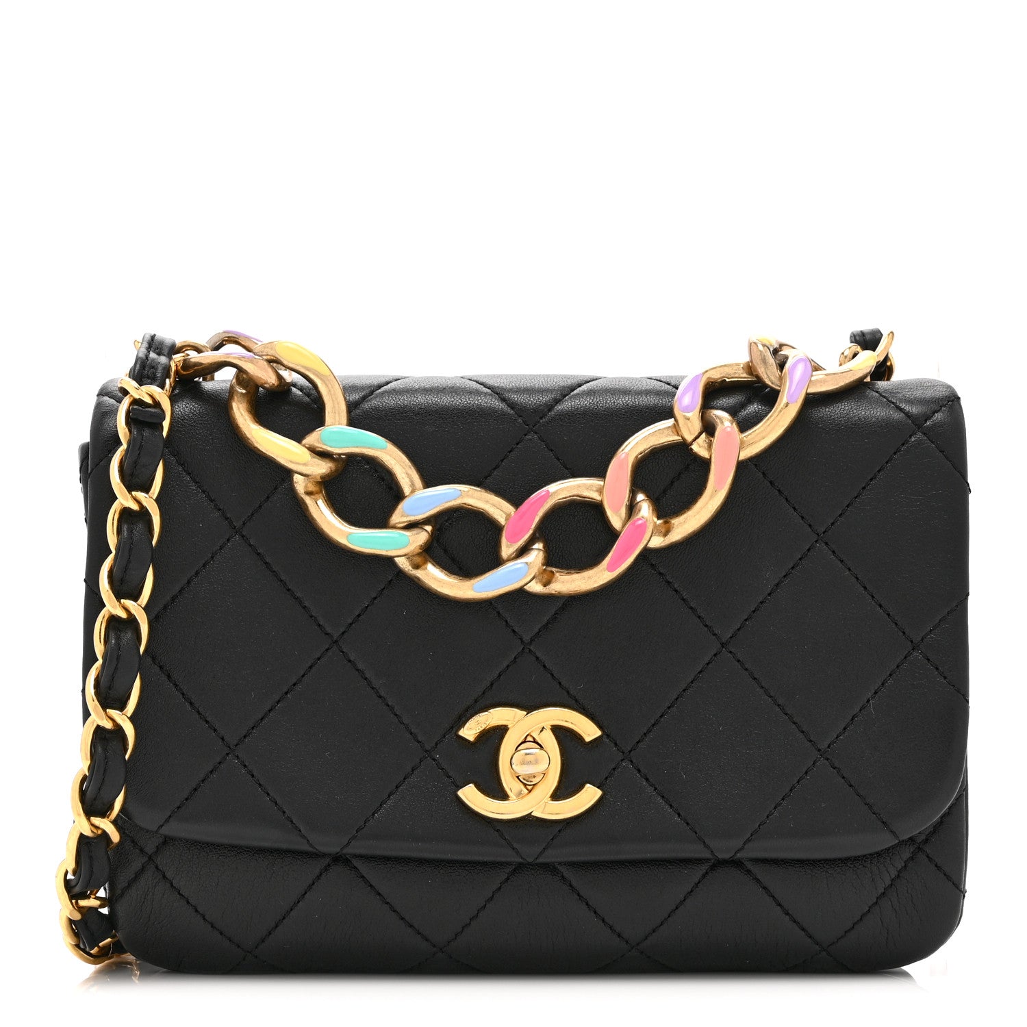 Lambskin Quilted Small Color Match Flap Black Multicolor