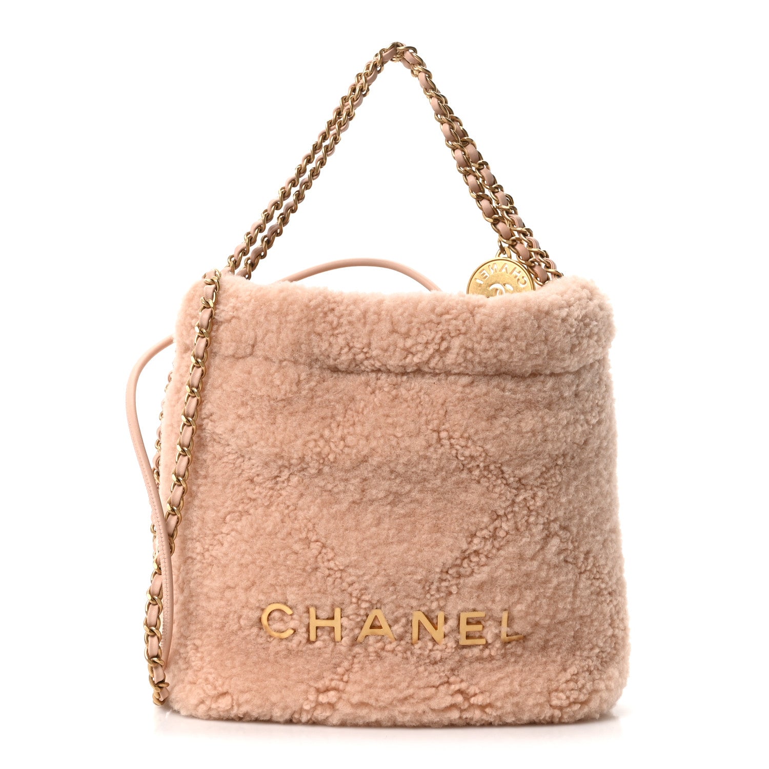 Aged Lambskin Shearling Quilted Small Chanel 22 Light Pink