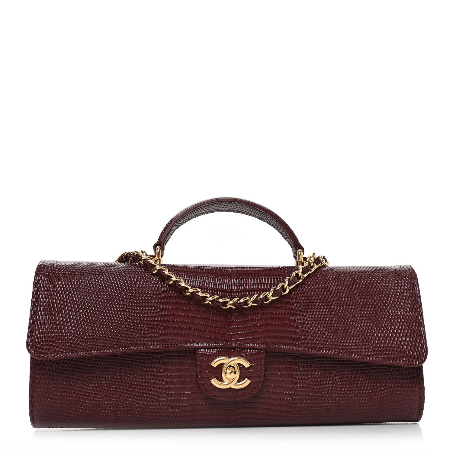 Calfskin Lizard Embossed Clutch With Chain Bordeaux
