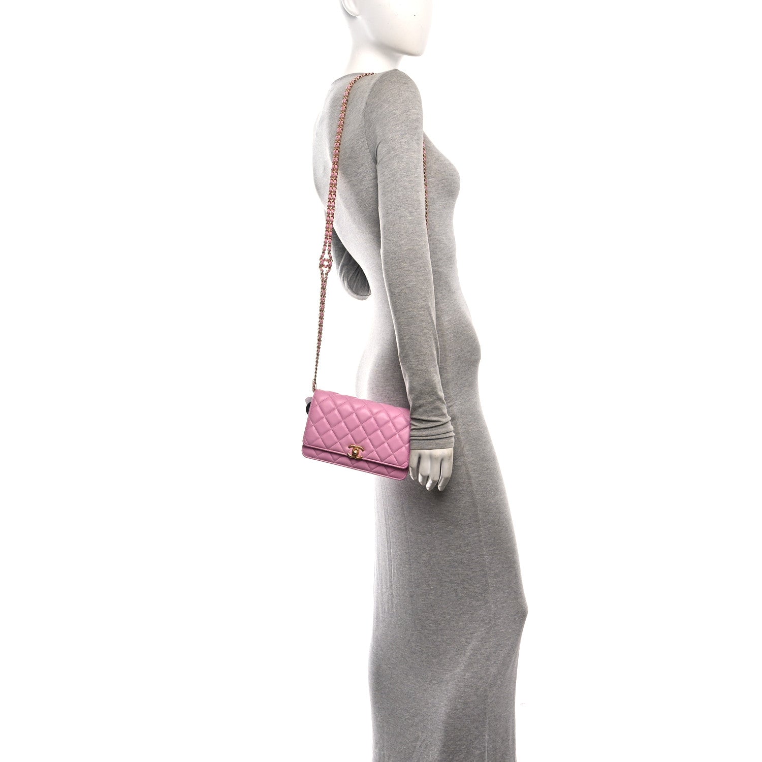 Lambskin Quilted Secret CC Wallet On Chain WOC Pink — view 2