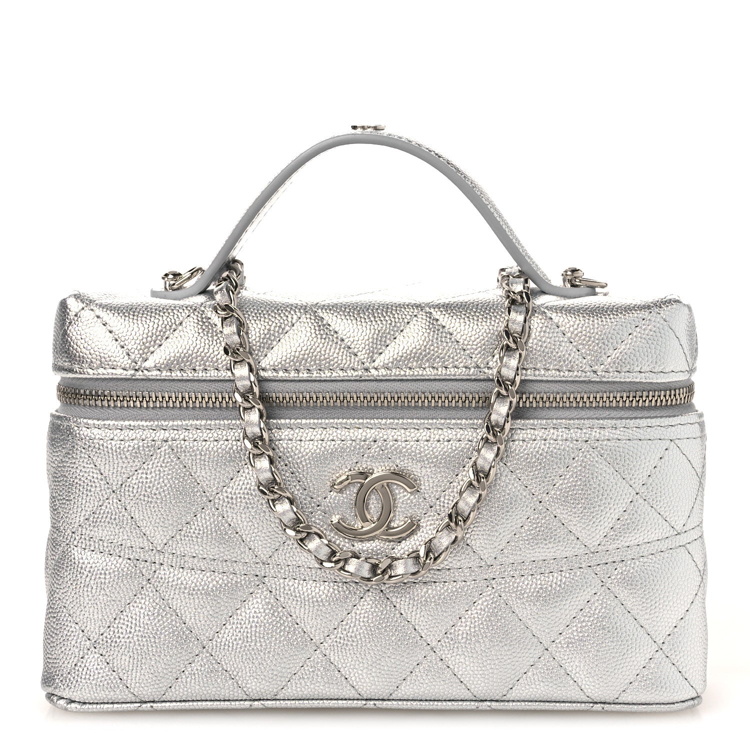 Metallic Caviar Quilted Trendy Handle Slim Vanity Silver