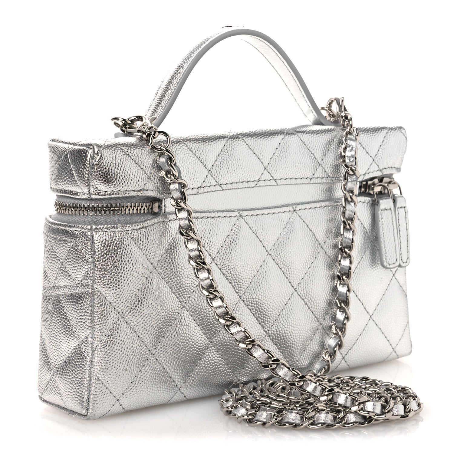 Metallic Caviar Quilted Trendy Handle Slim Vanity Silver — view 3