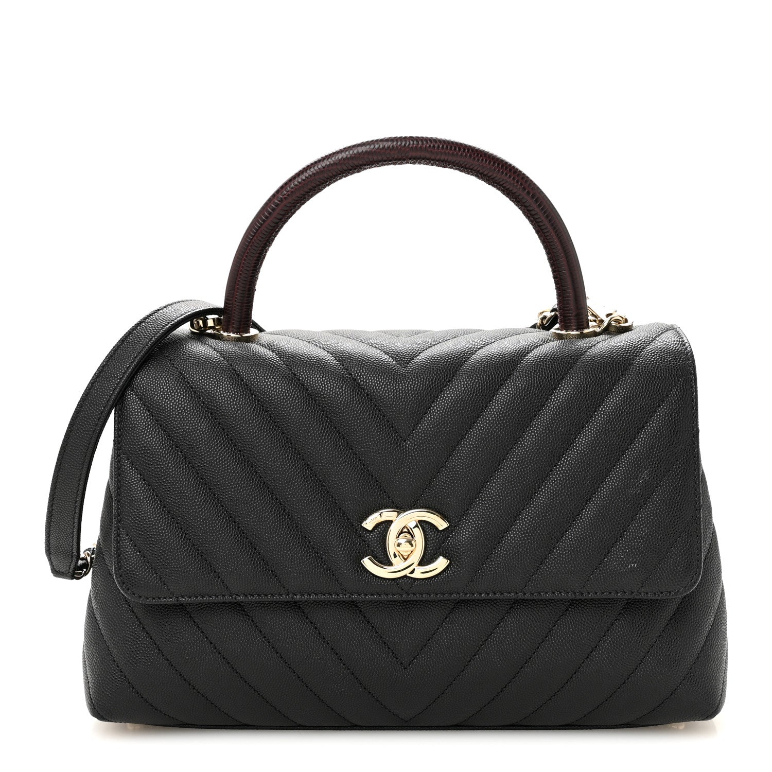 Caviar Lizard Embossed Quilted Chevron Small Coco Handle Flap Black