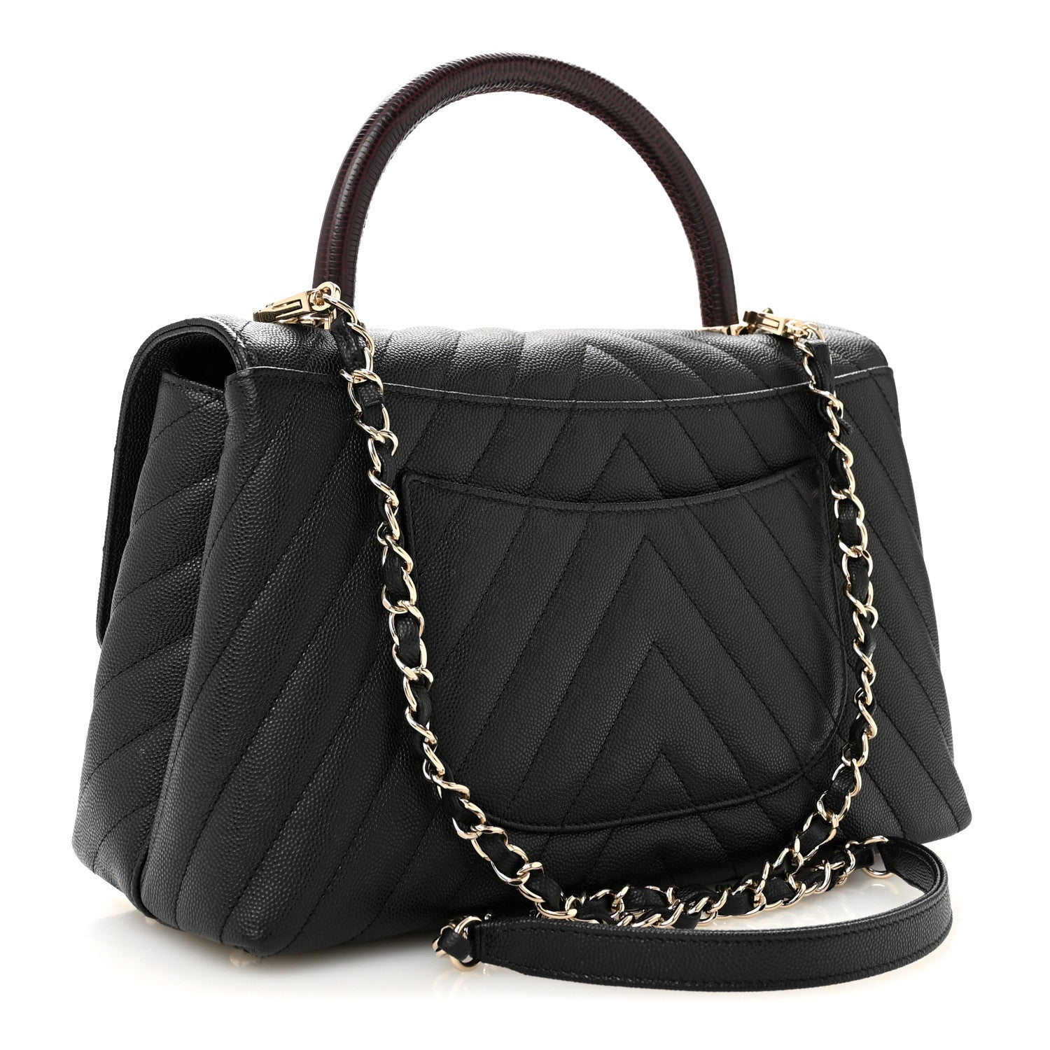 Caviar Lizard Embossed Quilted Chevron Small Coco Handle Flap Black — view 3
